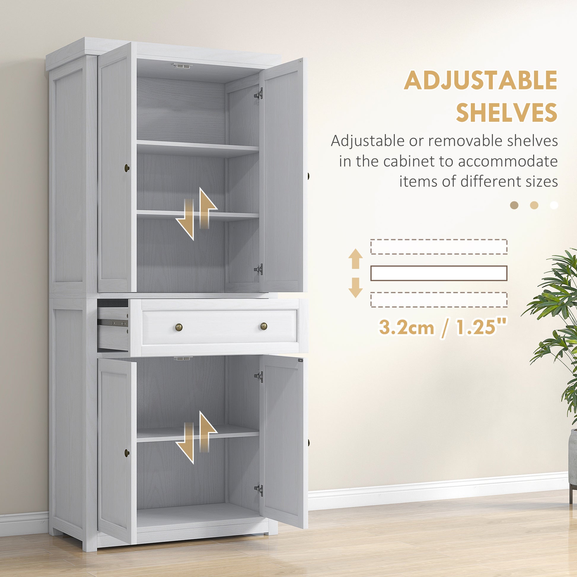 Homcom 72.5" Tall Farmhouse Kitchen Pantry Storage Cabinet, Freestanding Kitchen Cabinet With 4 Doors, Drawer And Adjustable Shelves For Dining Room, Distressed White White Mdf