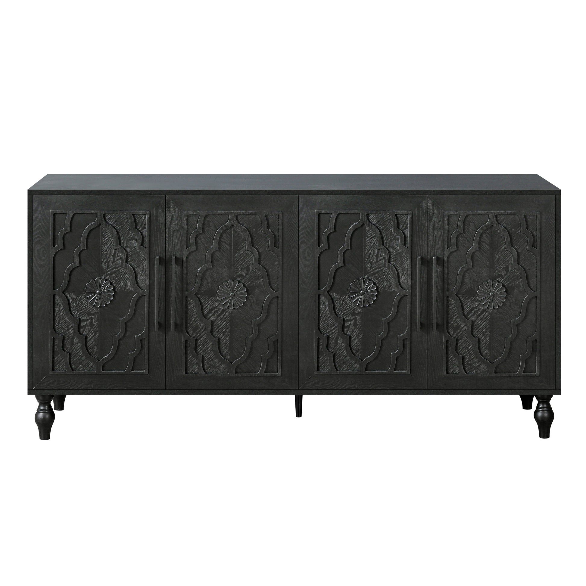 Carved Flower Door Large Storage Cabinet With Metal Handle Suitable For Living Room, Kitchen, Entryway Black Black Primary Living Space Mdf