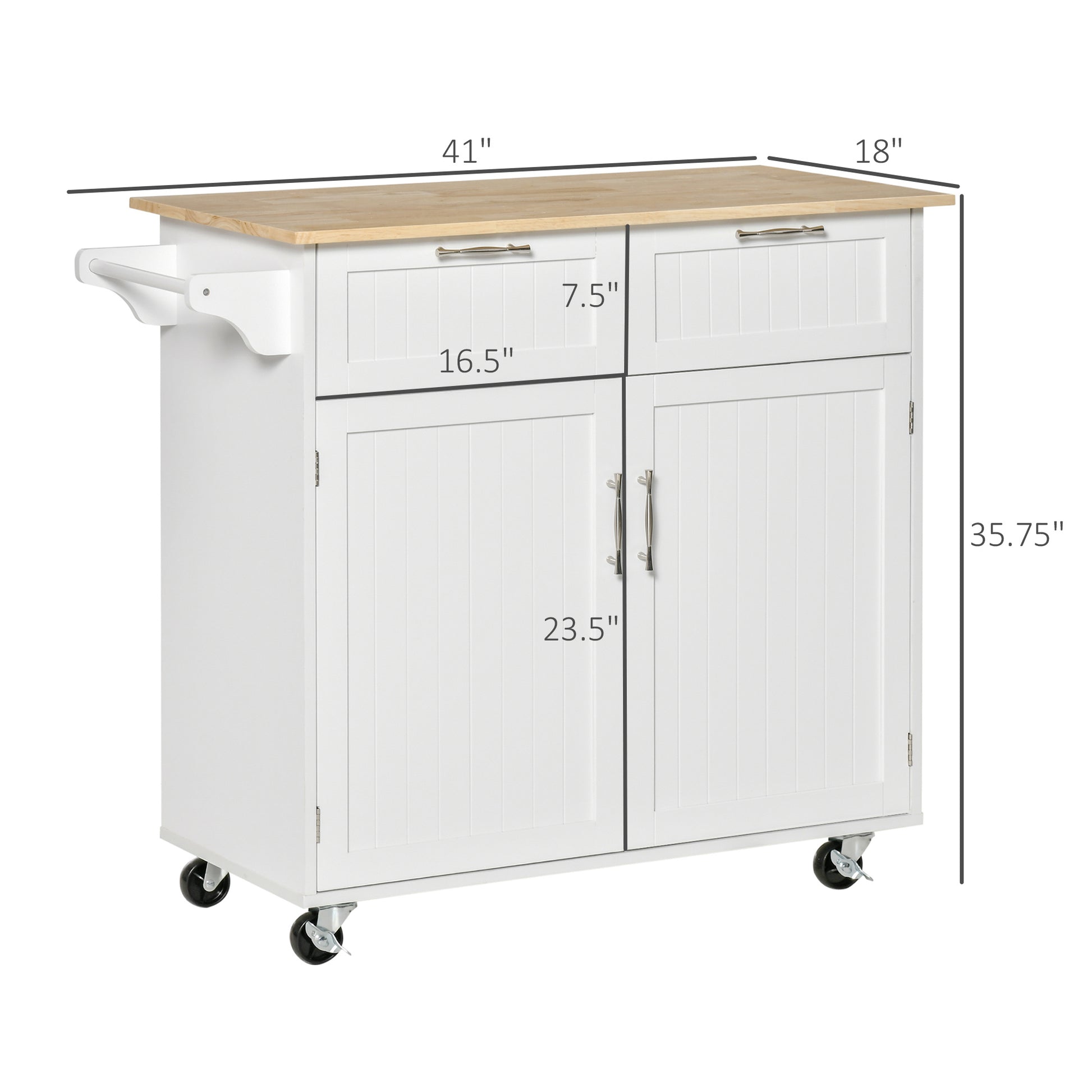 Homcom 41" Modern Rolling Kitchen Island On Wheels, Utility Cart Storage Trolley With Rubberwood Top & Drawers, White White Rubber Wood