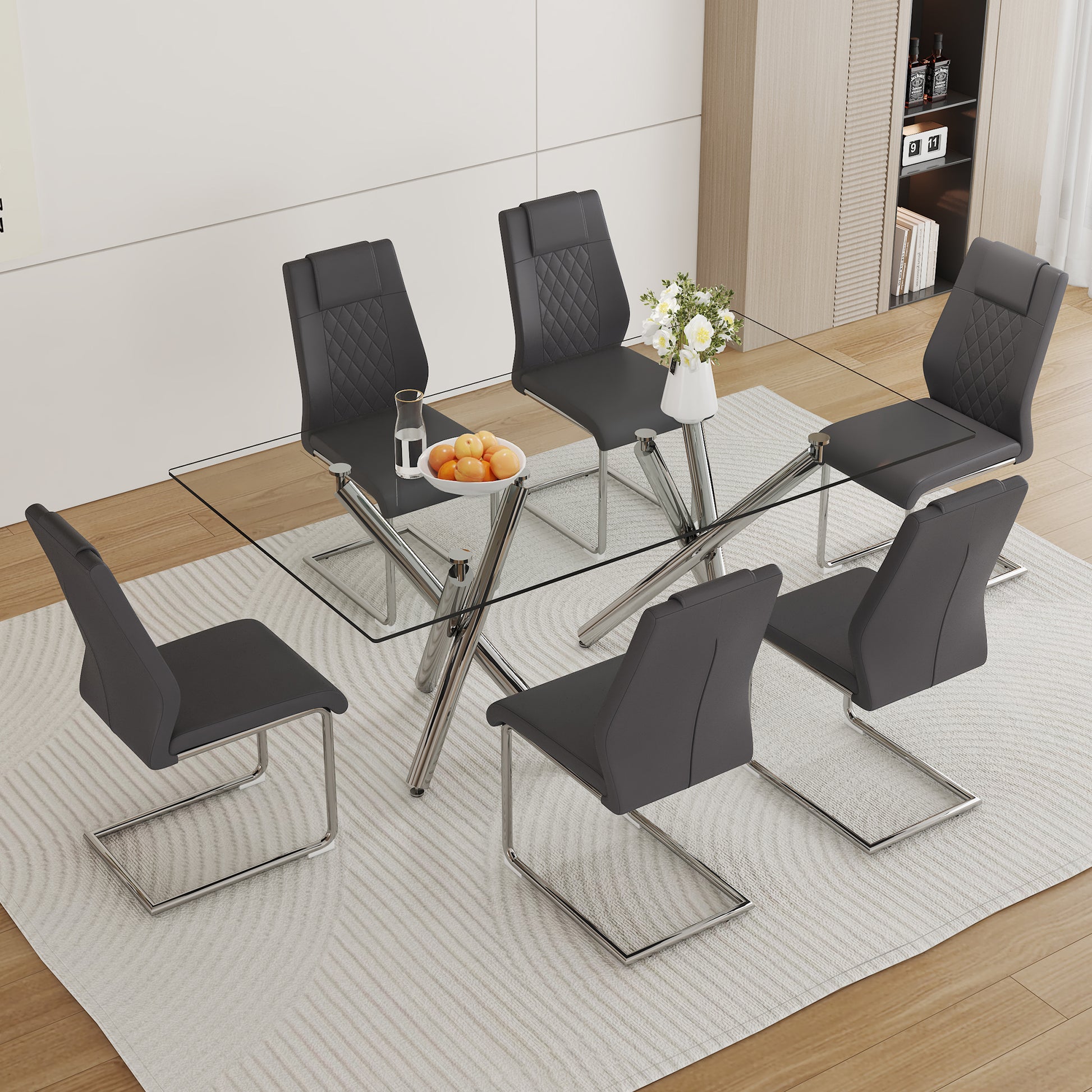 Table And Chair Set.Large Minimalist Rectangular Glass Dining Table For 6 8 With 0.39" Tempered Glass Tabletop And Silver Chrome Metal Legs.Paried With Comfortable Chairs With Pu Seats And Metal Legs. Silver Seats 6 Glass Metal