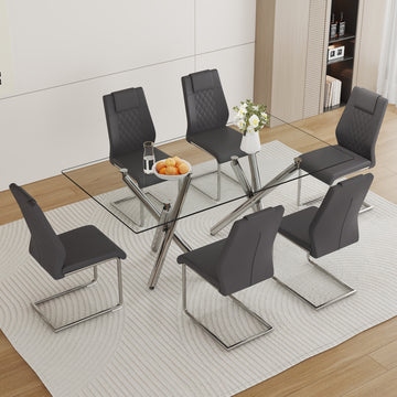 Table And Chair Set.Large Minimalist Rectangular Glass Dining Table For 6 8 With 0.39" Tempered Glass Tabletop And Silver Chrome Metal Legs.Paried With Comfortable Chairs With Pu Seats And Metal Legs. Silver Seats 6 Glass Metal