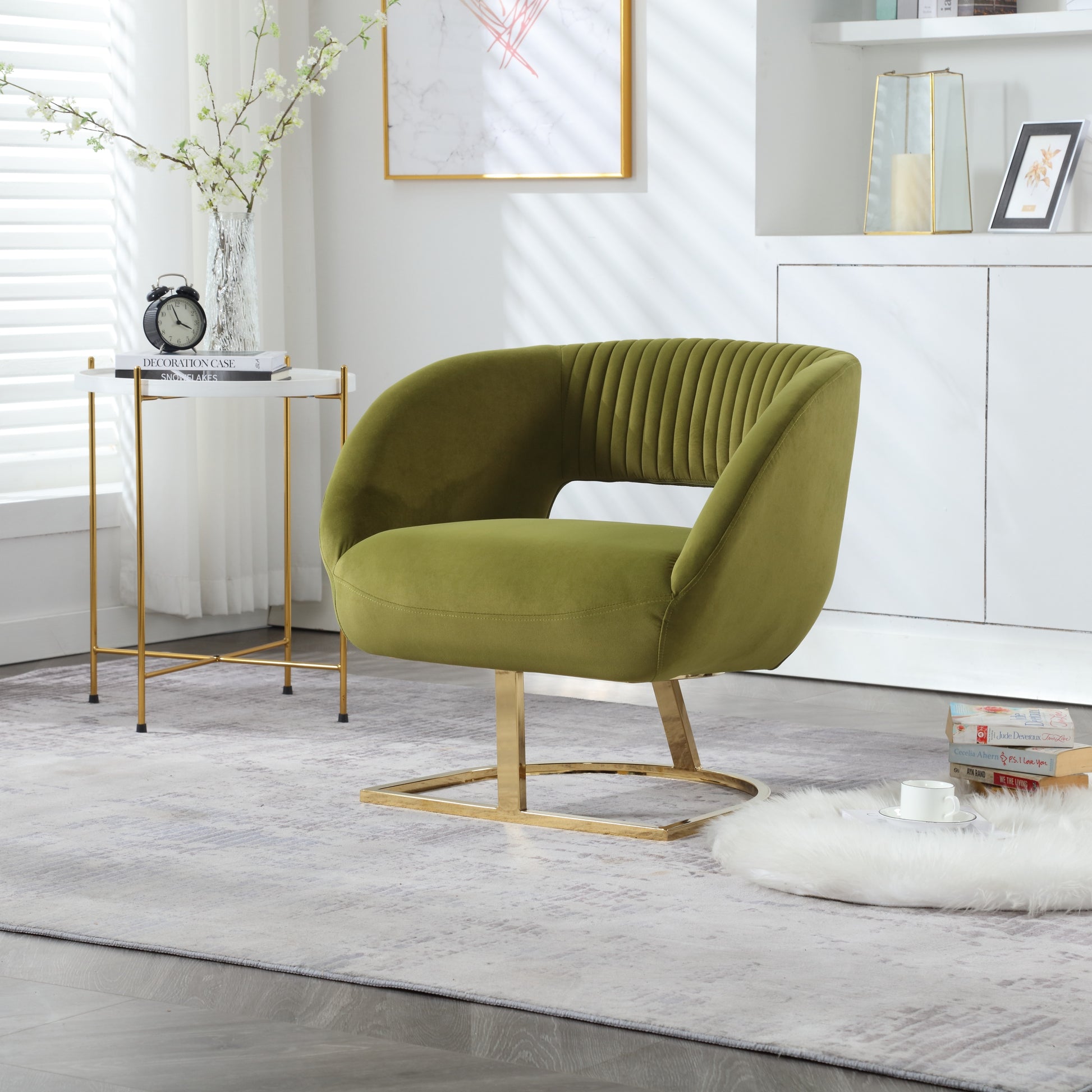 Coolmore Upholstered Tufted Living Room Chair Textured Linen Fabric Accent Chair With Metal Stand Olive Velvet