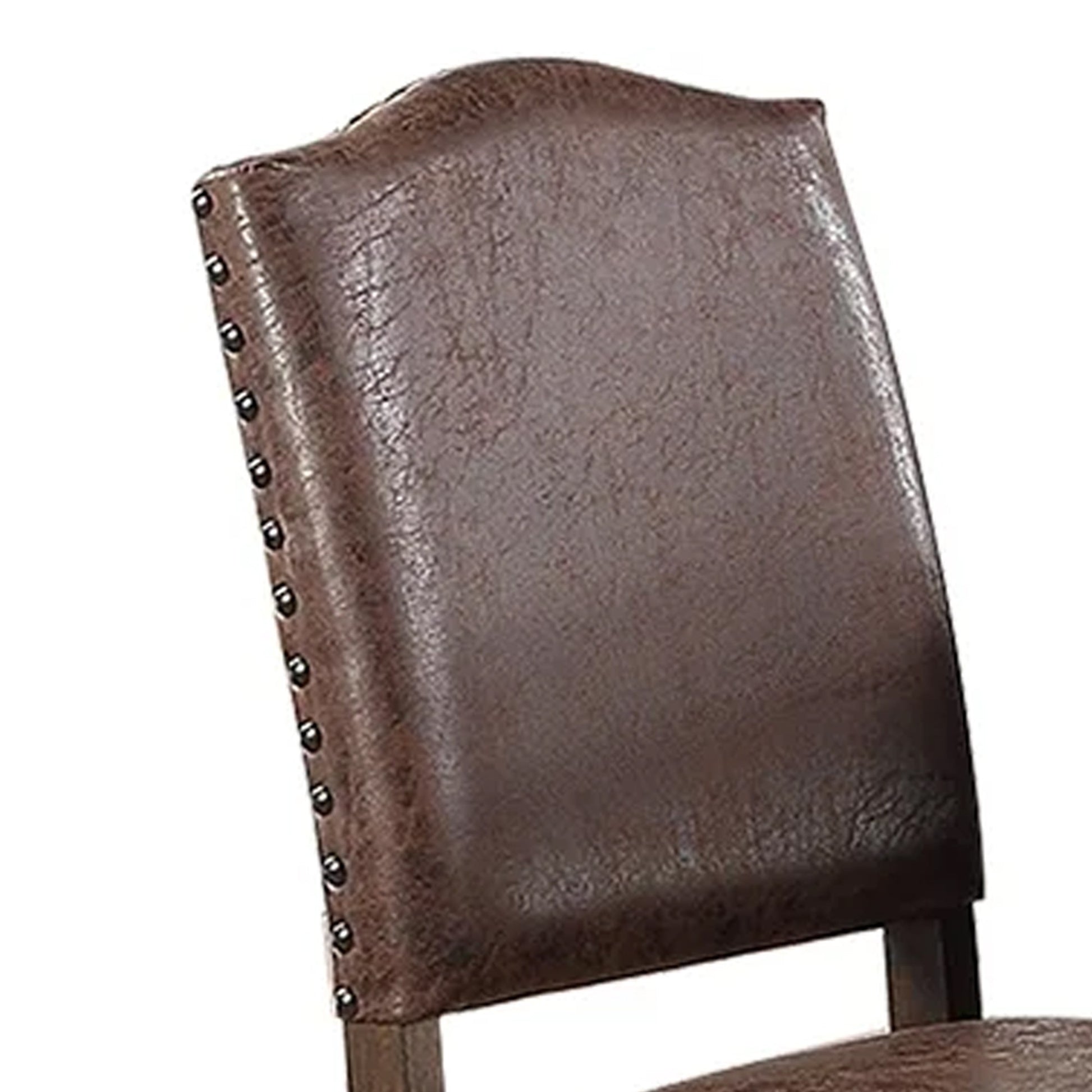 Maci 25 Inch Dining Chair, Set Of 2, Trim, Faux Leather, Brown Brown Solid Wood