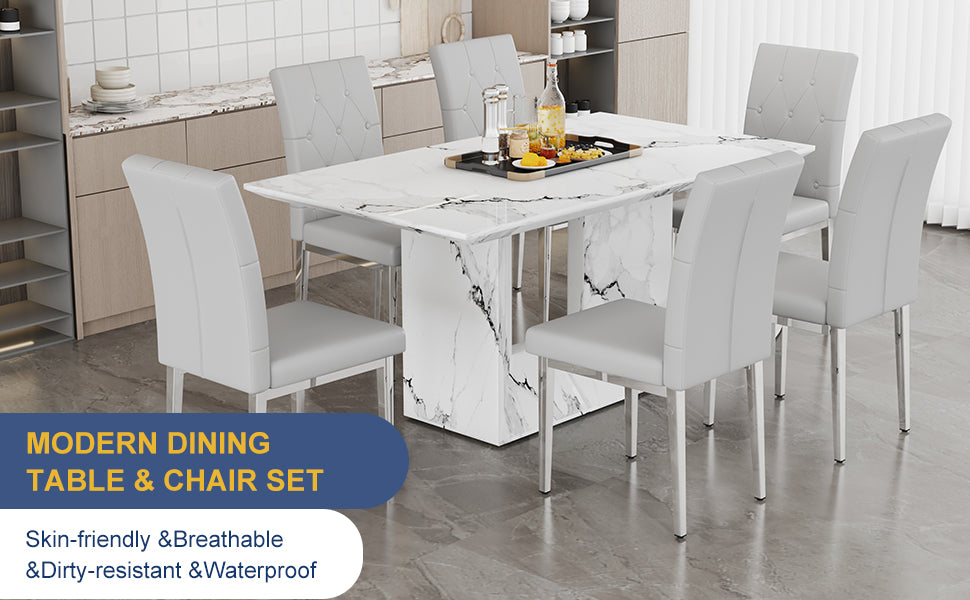 Table And Chair Set.63"X35.4" White Marble Patterned Mdf Dining Table Set With 6 Armless Light Gray Pu Chairs.Showcasing A Modern And Stylish Look. Light Gray,White Seats 6 Mdf Metal