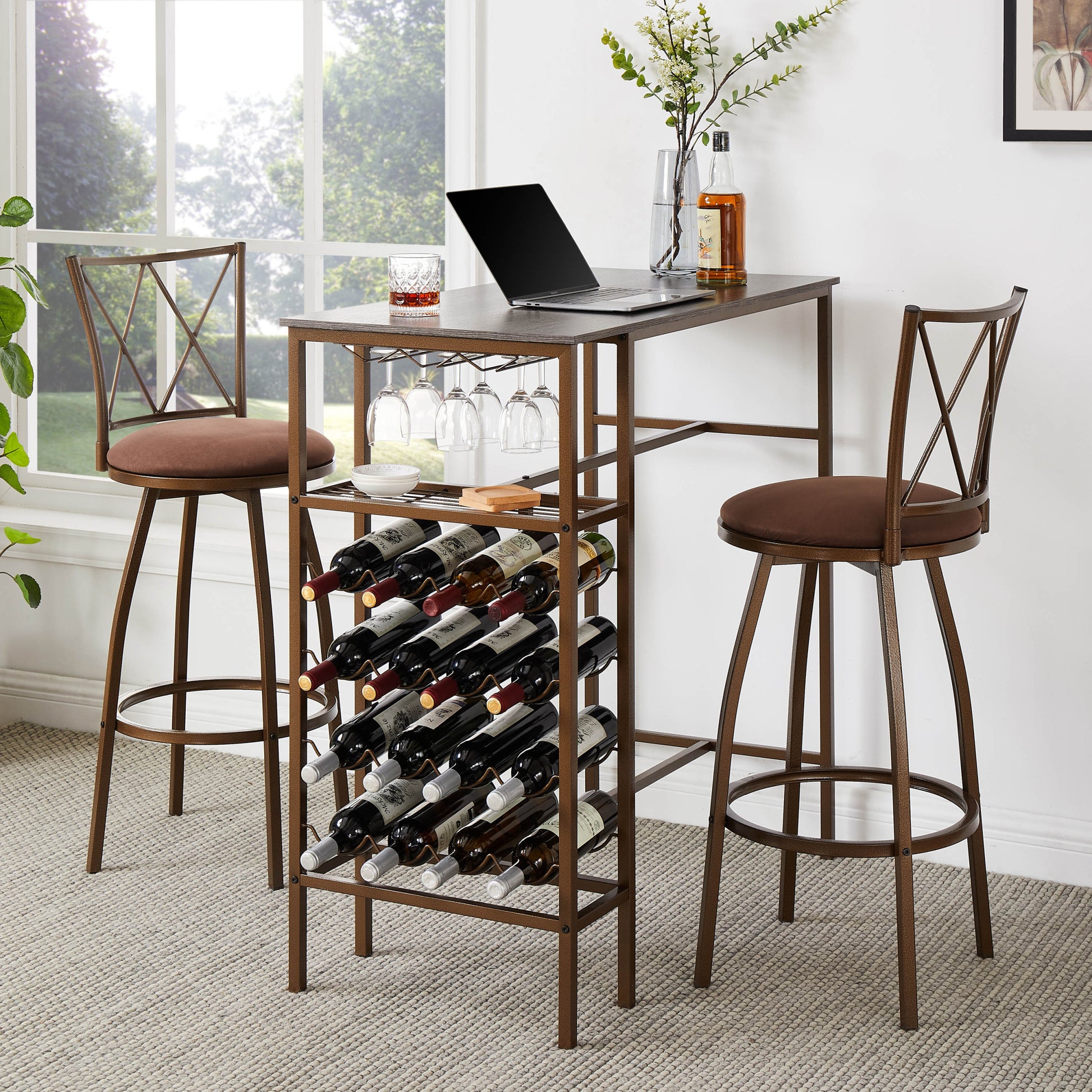3 Piece Bar Steels Kitchen Dining Room Table Set Retro Brown Bar Chair For Dining Room Antique Brown Seats 2 Brown Dining Room American Design,American Traditional,Antique Rectangular Metal & Wood Dining Table With Chair Metal & Wood