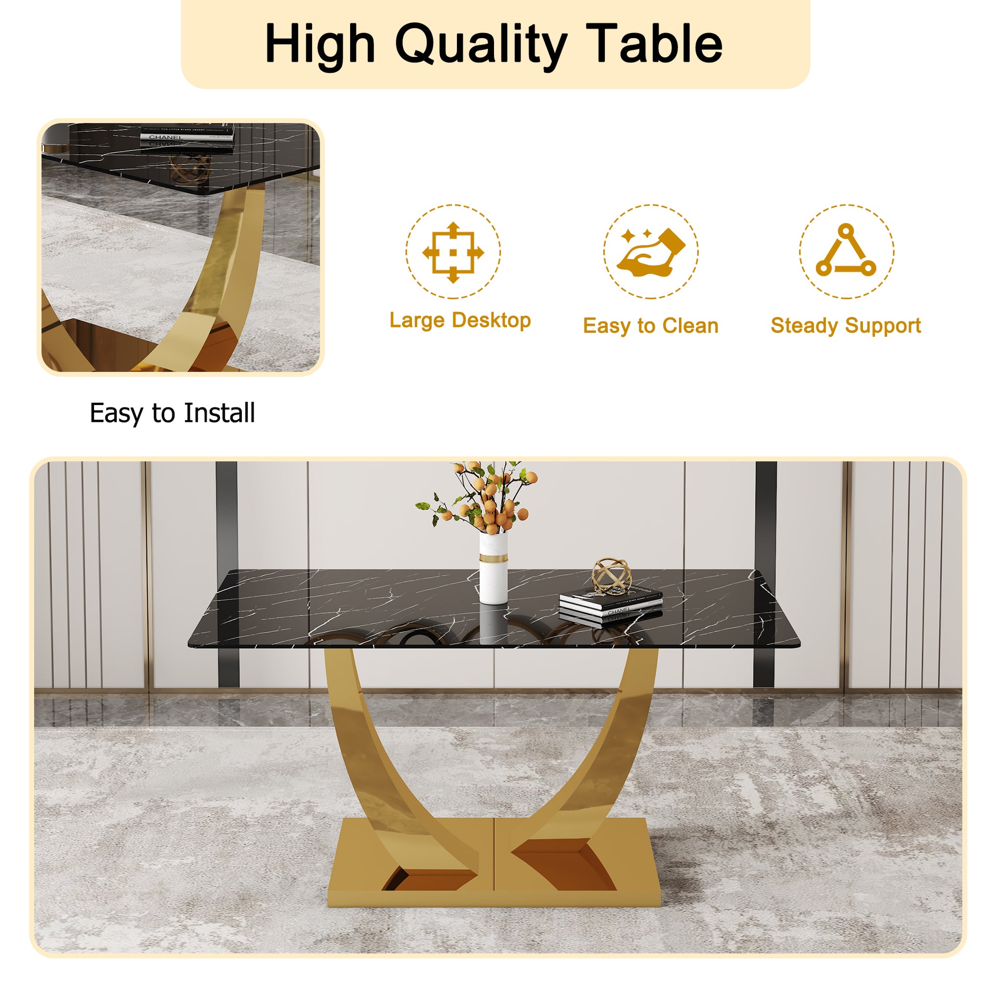 Table And Chair Set.Modern Rectangular Dining Table With Black Textured Stickers Glass Tabletop And Gold Plated Metal Legs.Paried With 6 Comfortable Chairs With Pu Seats And Golden Metal Legs. Gold,Light Gray Seats 6 Glass Metal