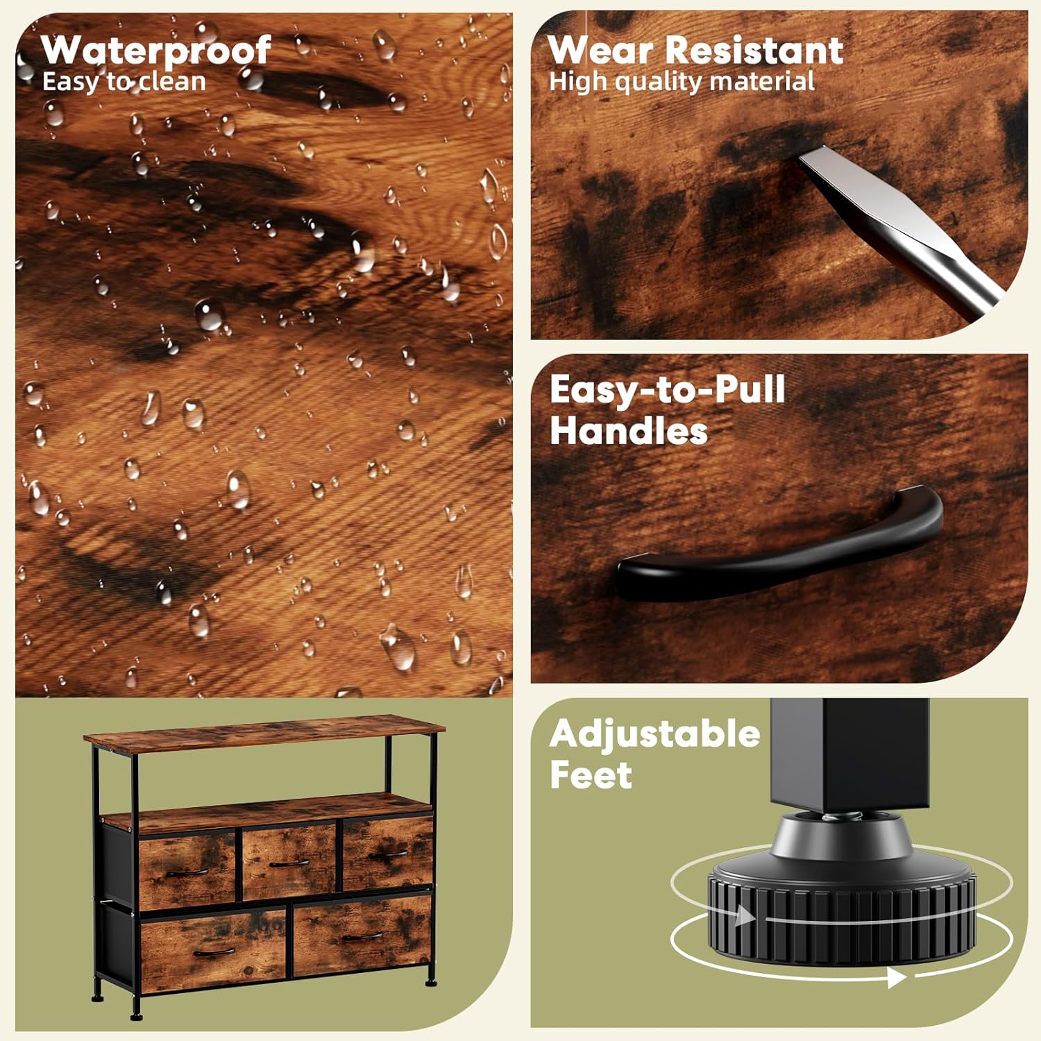 Tv Stand Dresser For Bedroom Entertainment Center With 5 Fabric Drawers, Storage Organizers Units For Living Room, Media Console Table With Open Shelf Up For 45" Tv, Rust, Wood Top Rust 39 Inches Or