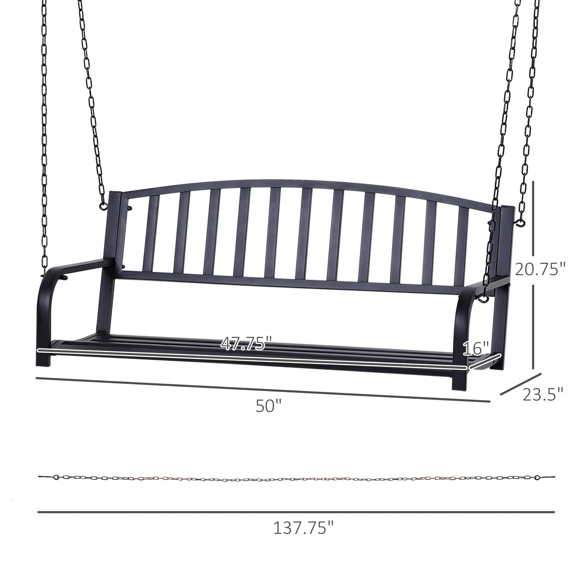 Outsunny 2 Person Front Porch Swing Patio Swing Bench, Outdoor Steel Swing Chair With Sturdy Chains, For Backyard, Deck, 528 Lb Weight Capacity, Black Black Steel