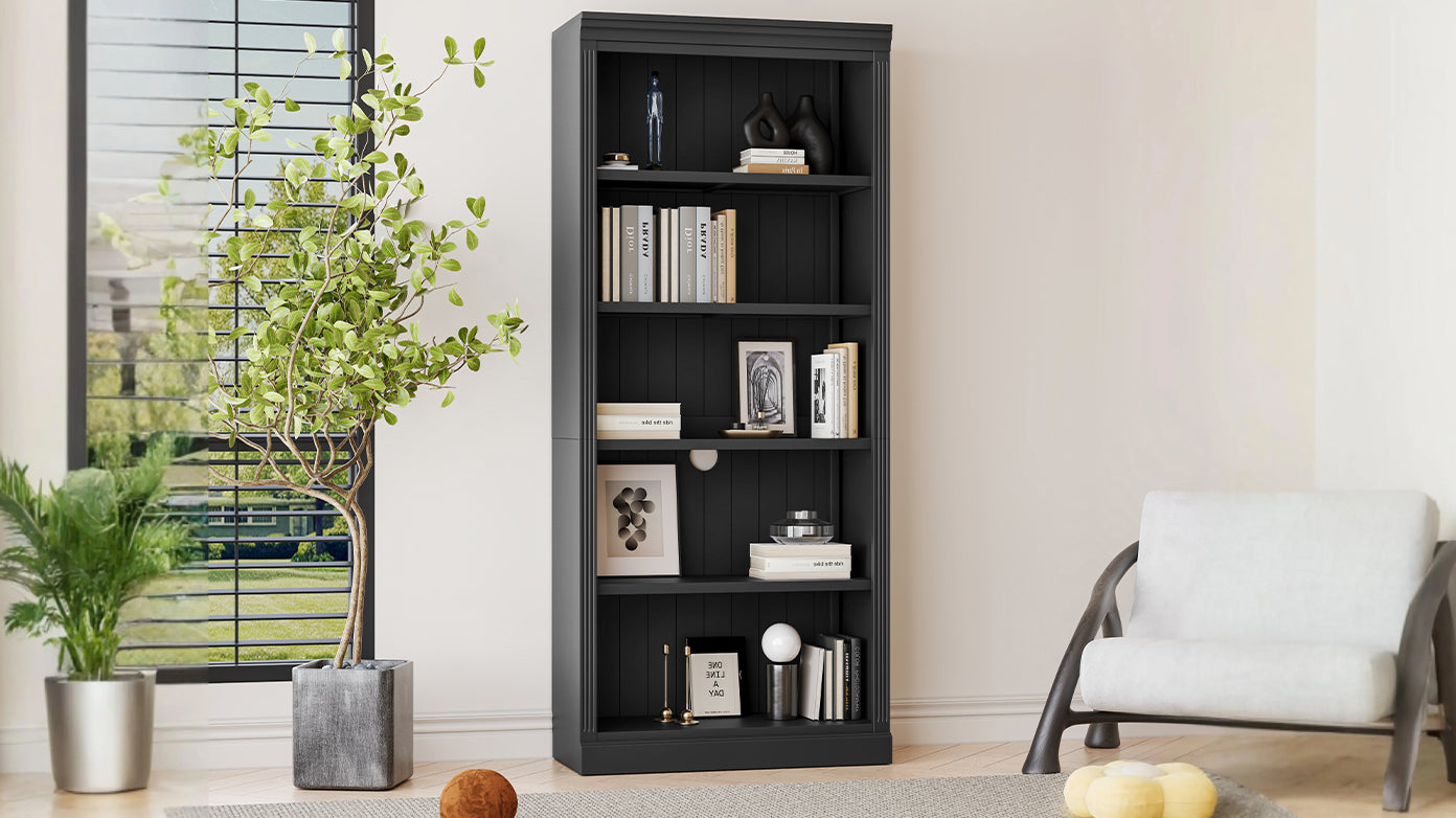 83" Tall Wood Bookcase Suite ,5 Tier Home Decor Bookcase Suite With Adjustable Shelves,Storage Organizer For Cds Books Movies,Free Standing Storage Shelves Suite For Living Room,Office,Black Black Solid Wood Mdf