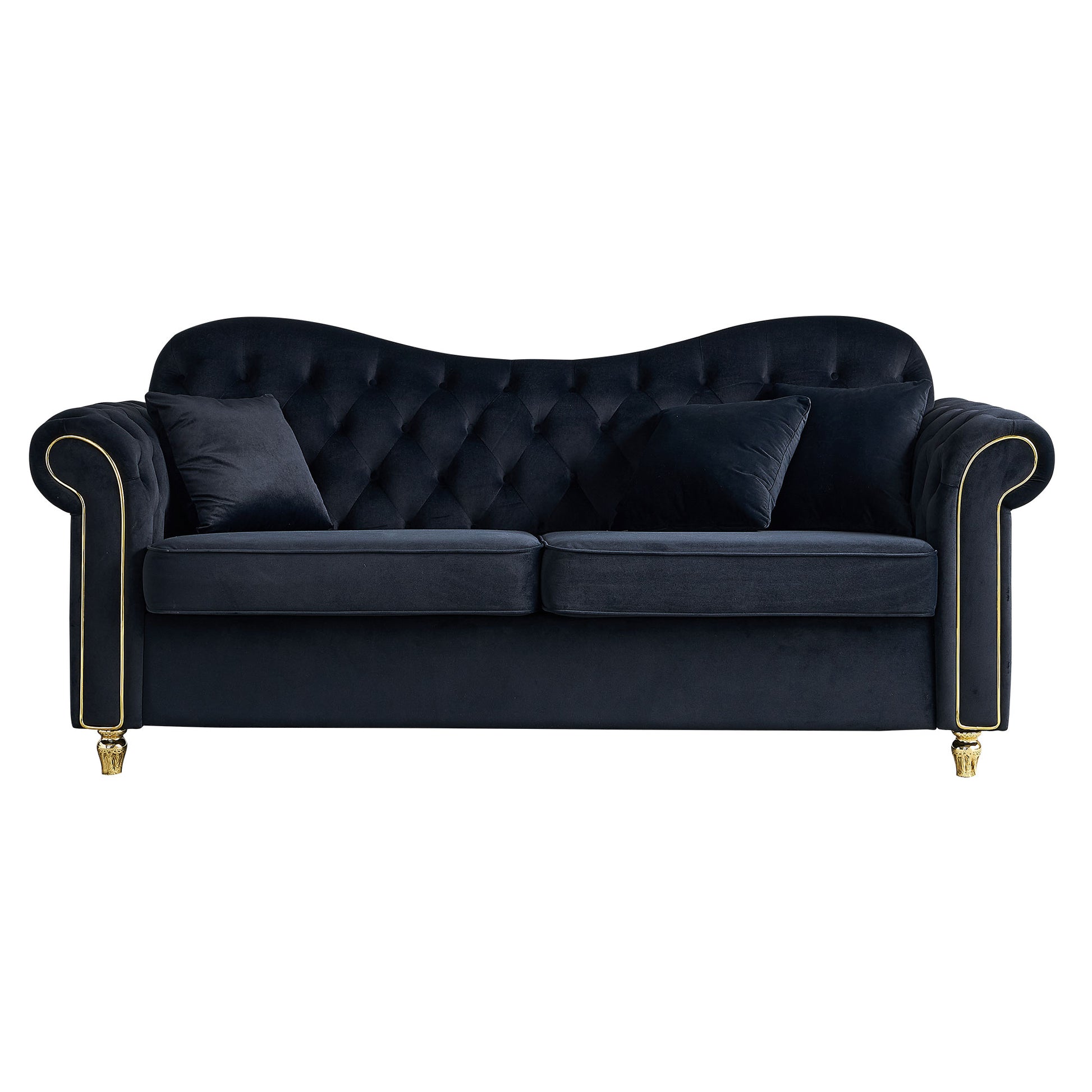 82.68'' Mid Century Modern Velvet Couch Chesterfield Sofa For Living Room,Hotel,Guest Room,Waiting Room, Black Color Black Velvet Wood Primary Living Space Medium Soft Tufted Back Modern Rolled Arms