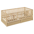 Twin Size Wood Daybed With Fence Guardrails And 2 Drawers, Split Into Independent Floor Bed & Daybed, Natural Old Sku :Lp000881Aan Twin Natural Solid Wood Mdf