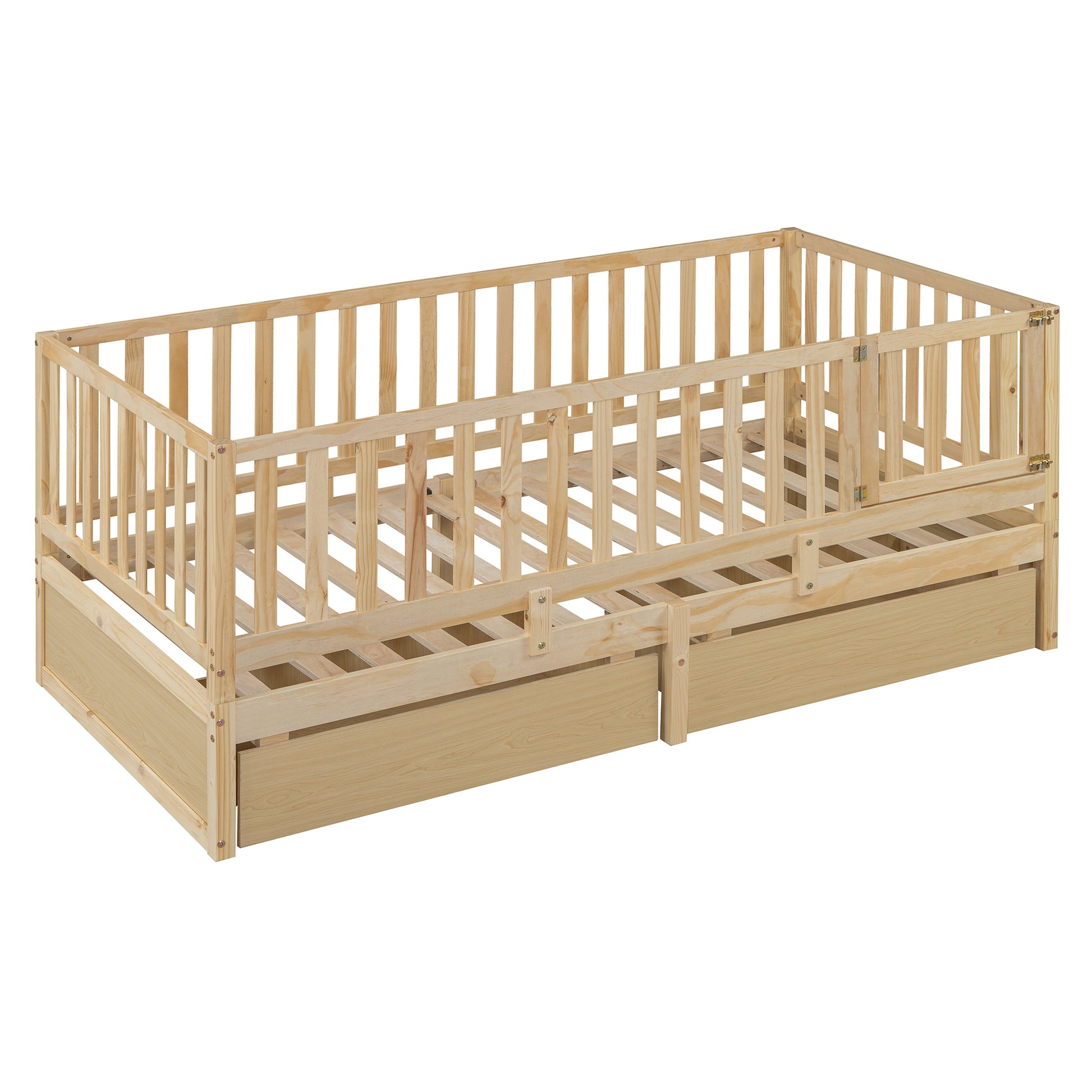 Twin Size Wood Daybed With Fence Guardrails And 2 Drawers, Split Into Independent Floor Bed & Daybed, Natural Old Sku :Lp000881Aan Twin Natural Solid Wood Mdf