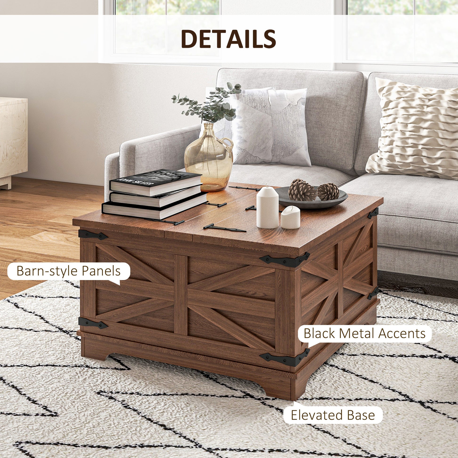 Homcom Farmhouse Coffee Table With Storage, Center Table With Hinged Lift Top And Hidden Space, Square Coffee Table For Living Room, Distressed Brown Brown Particle Board