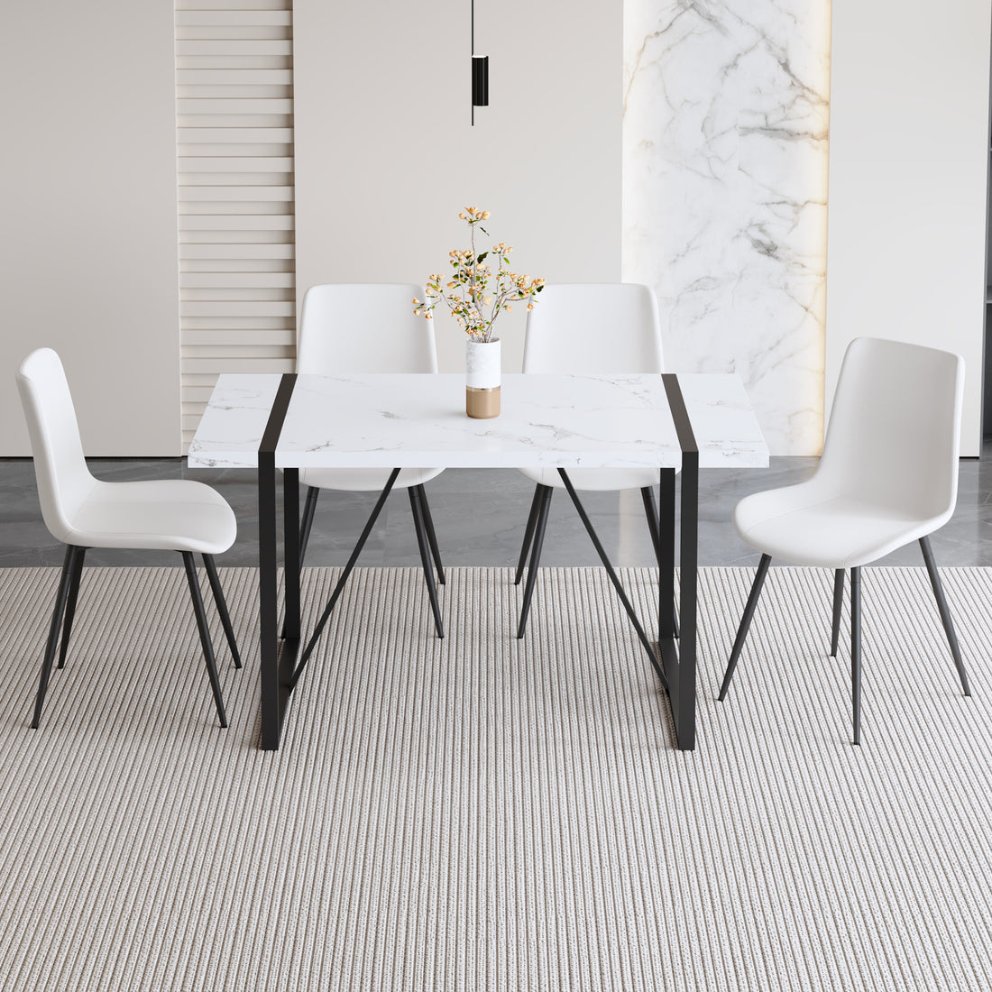 Table And Chair Set.A Modern Minimalist White Marble Veined Mdf Dining Table With Metal Frame.Paried With 4 Chairs With Pu Cushions And Black Metal Legs. White Seats 4 Mdf Metal