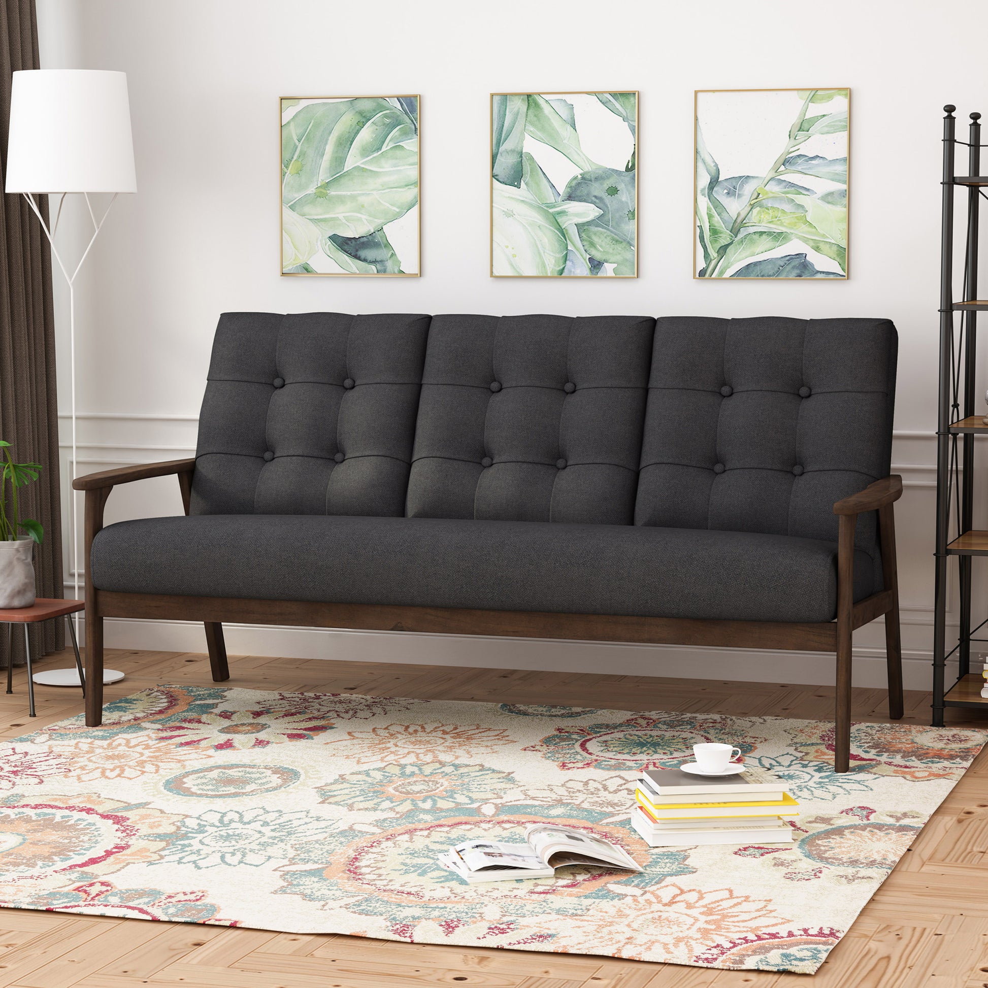 Athena Mid Century Waffle Stitch Tufted Accent Sofa With Rubberwood Legs Charcoal Grey Fabric