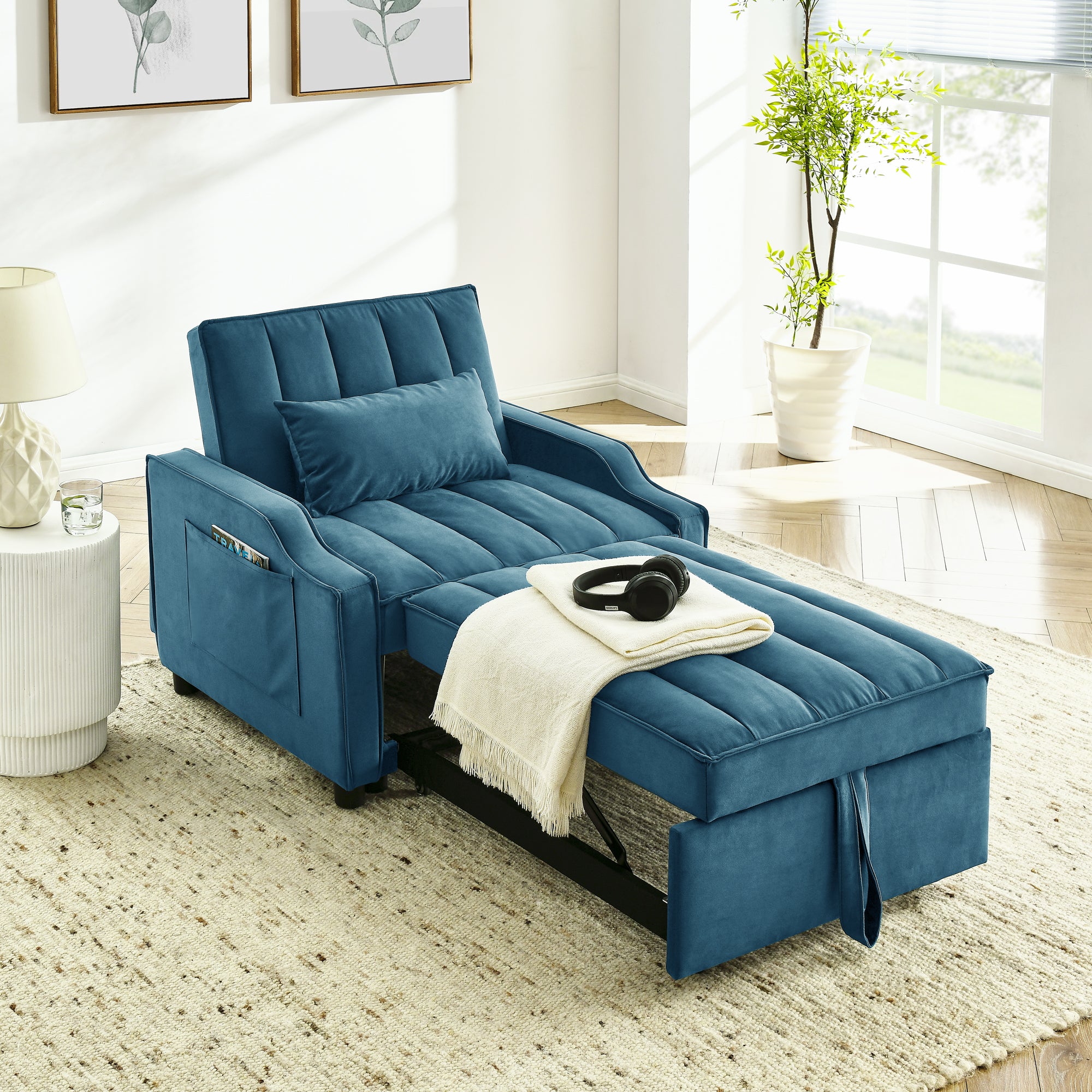 Modern Velvet Armchair Sofa Couch Pull Out Bed,3 In One Convertible For Living Room Sofa Bed,Blue Blue Primary Living Space Medium Soft Cushion Back Medium Duty American Design Pillow Top Arms Foam Velvet 1 Seat