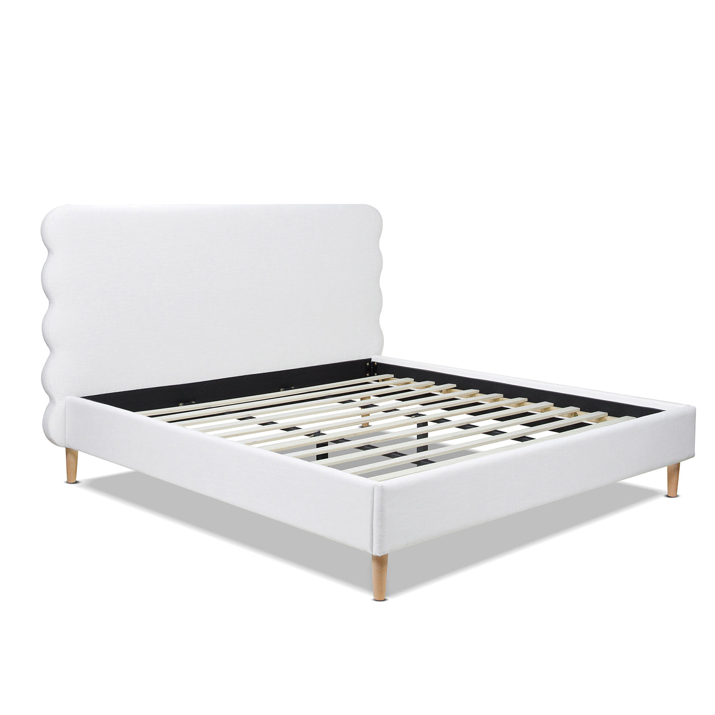 Stockholm Modern Wavy Headboard Platform Bed, King, Antique White Polyester Box Spring Not Required King Antique White Wood Foam Polyester Polyester