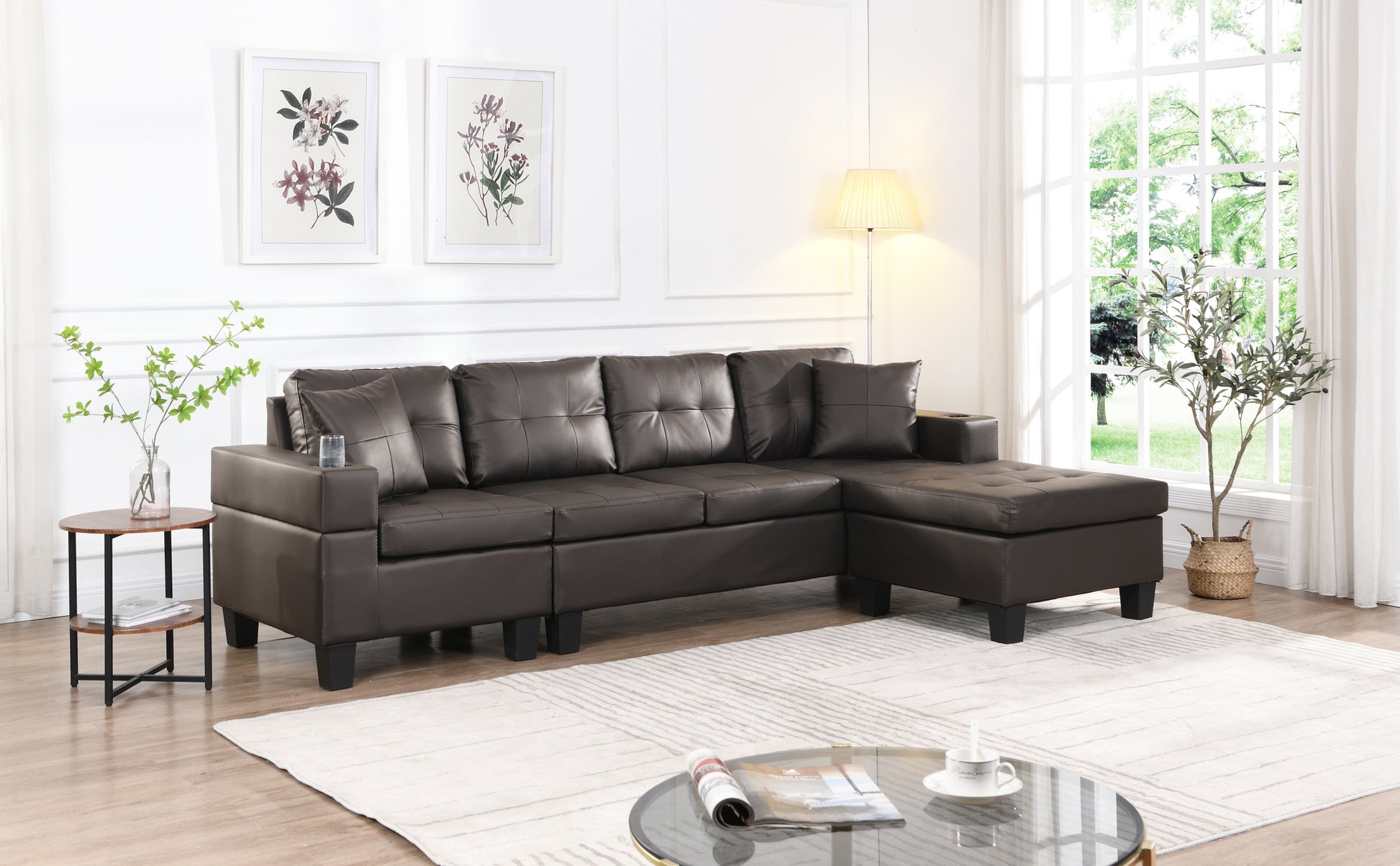 Sectional Sofa Set For Living Room With L Shape Chaise Lounge ,Cup Holder And Left Or Right Hand Chaise Modern 4 Seat Chocolate Brown Dark Brown Pu 4 Seat