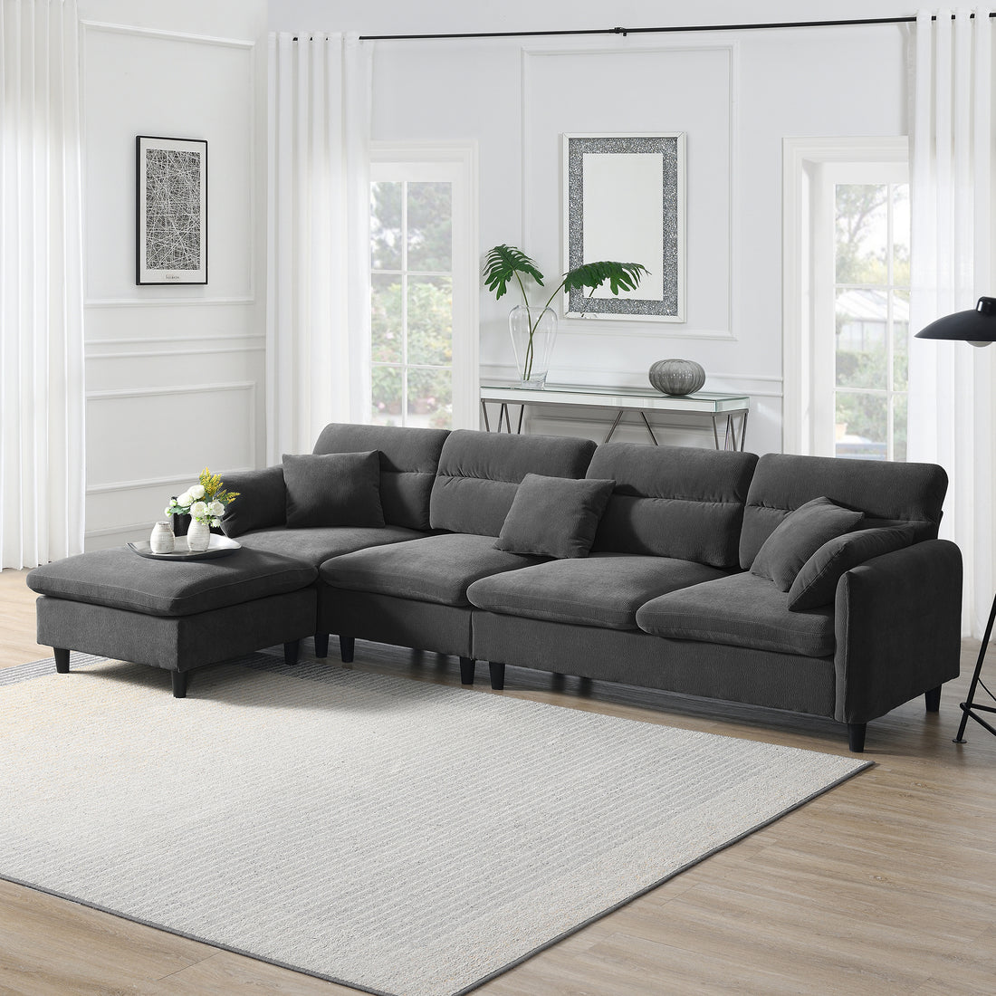 110*62" Modern Convertible Sectional Sofa,L Shaped Reversible Couch Set With Free Pillows,5 Seat Cloud Chenille Indoor Furniture With Ottoman For Living Room,Apartment,3 Colors Gray Chenille 5 Seat