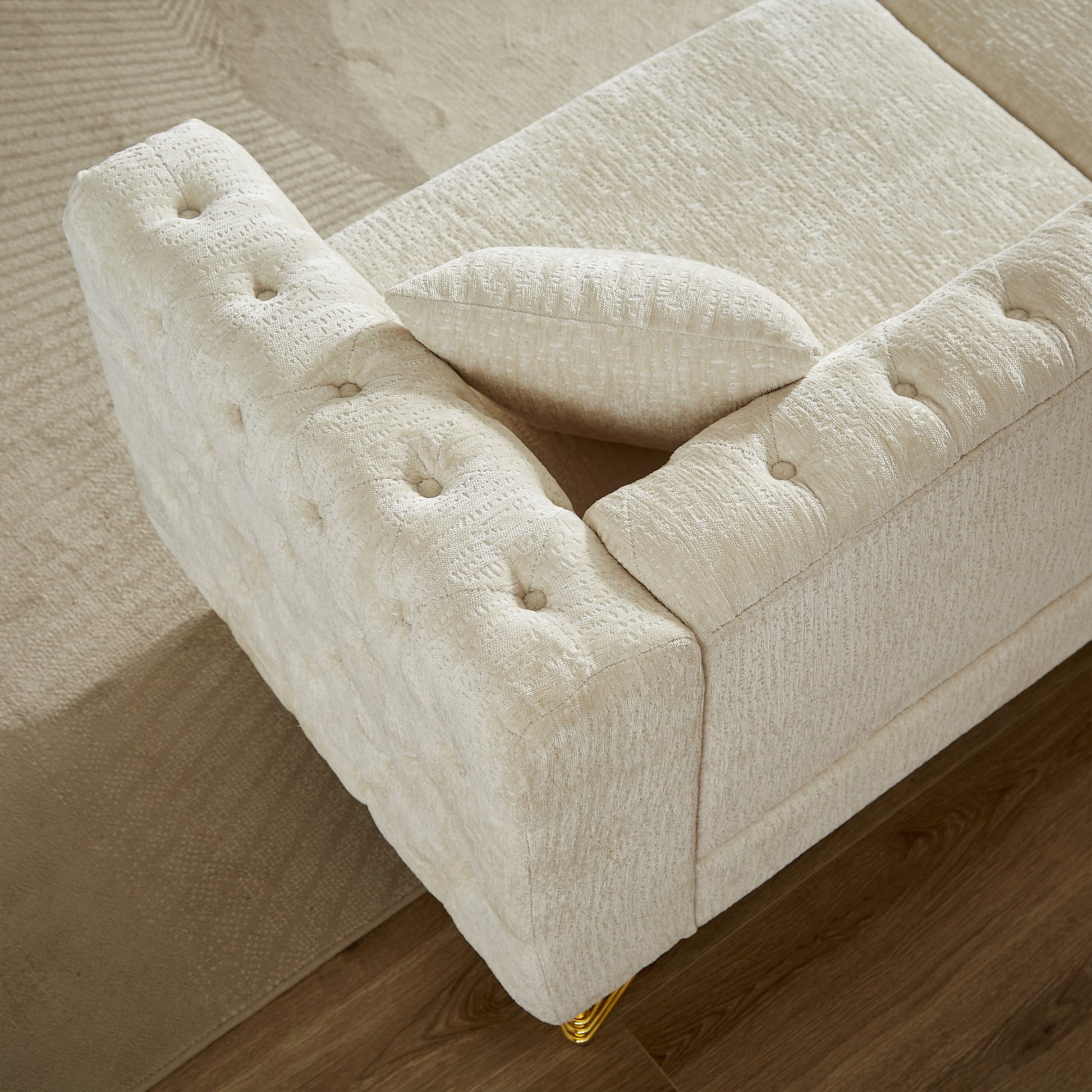 Chenille Pull Buckle Design Sofa For Living Room,Buttons Tufted With Copper Nail Decoration Armrest, Modern Couch Upholstered Button And Metal Legs Beige Foam Chenille 5 Seat