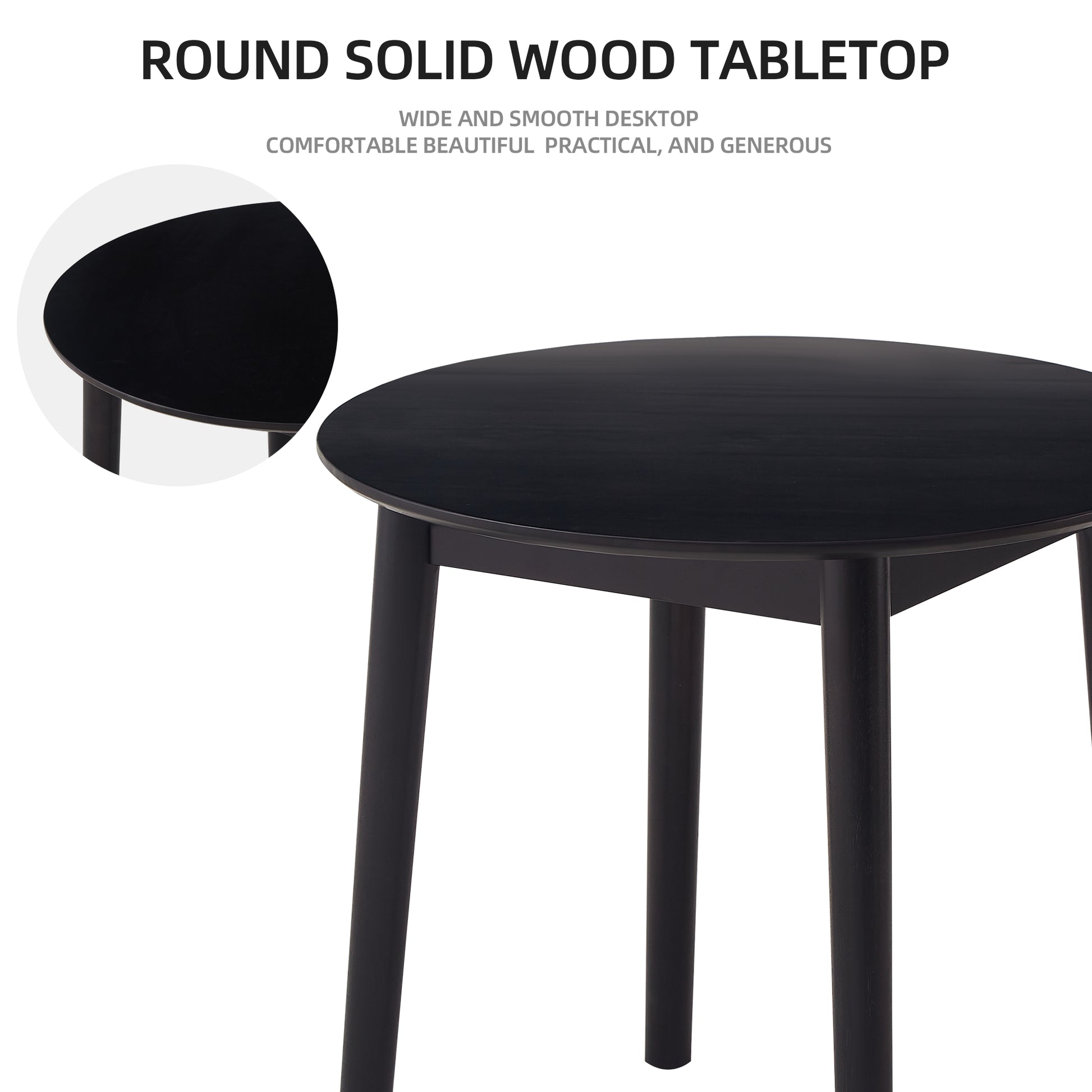 Black Round Table, All Solid Wood, Can Sit 2 4 People Diameter 31.5 Inches Black Solid Wood