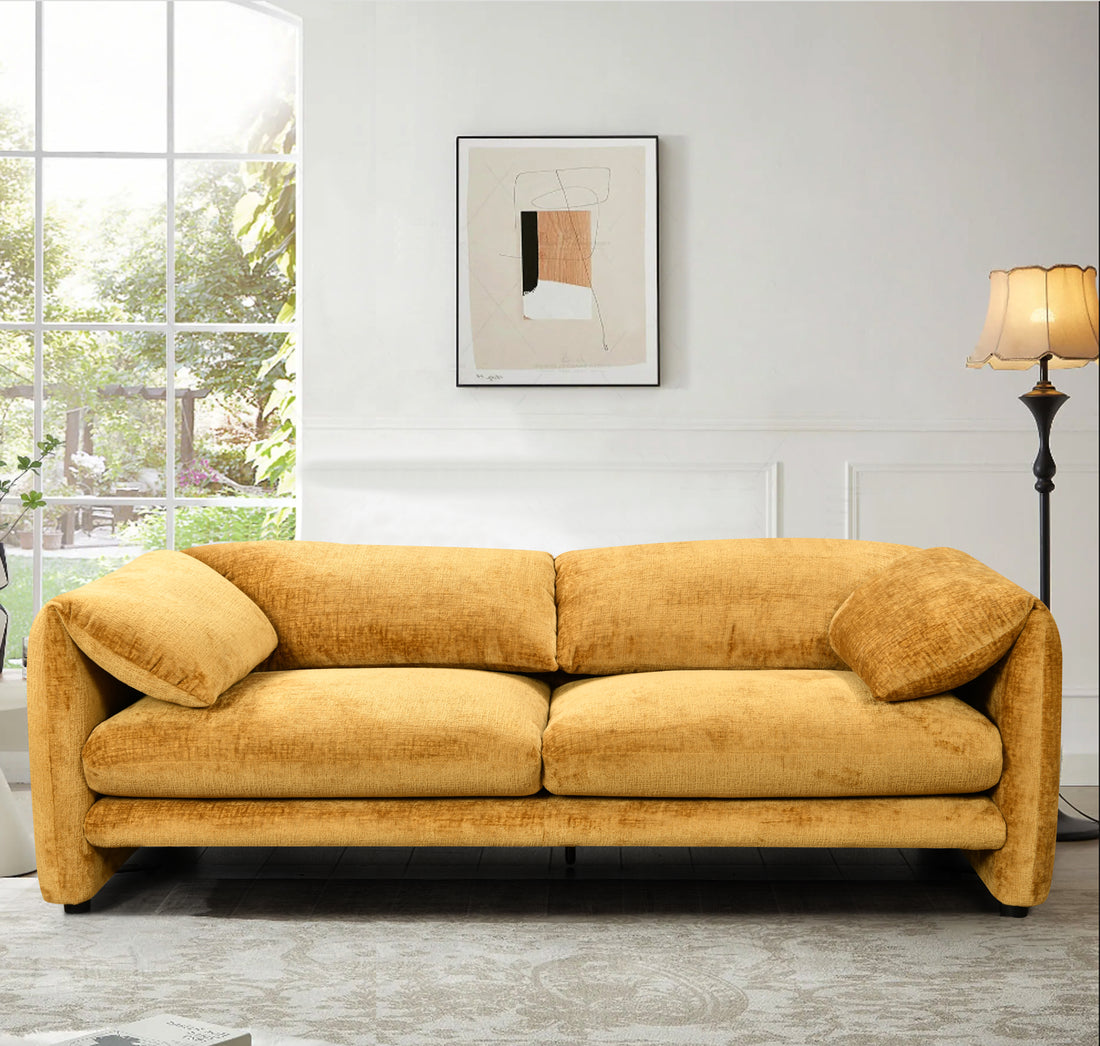 87" 3 Seater Sofa With Wide And Comfortable Armrest, High Density Sponge Backrest & Its Plump Cushions And Soft, Comfortable Spacious Seats,For Living Room, Bedroom,Orange Yellow Light Brown Wood