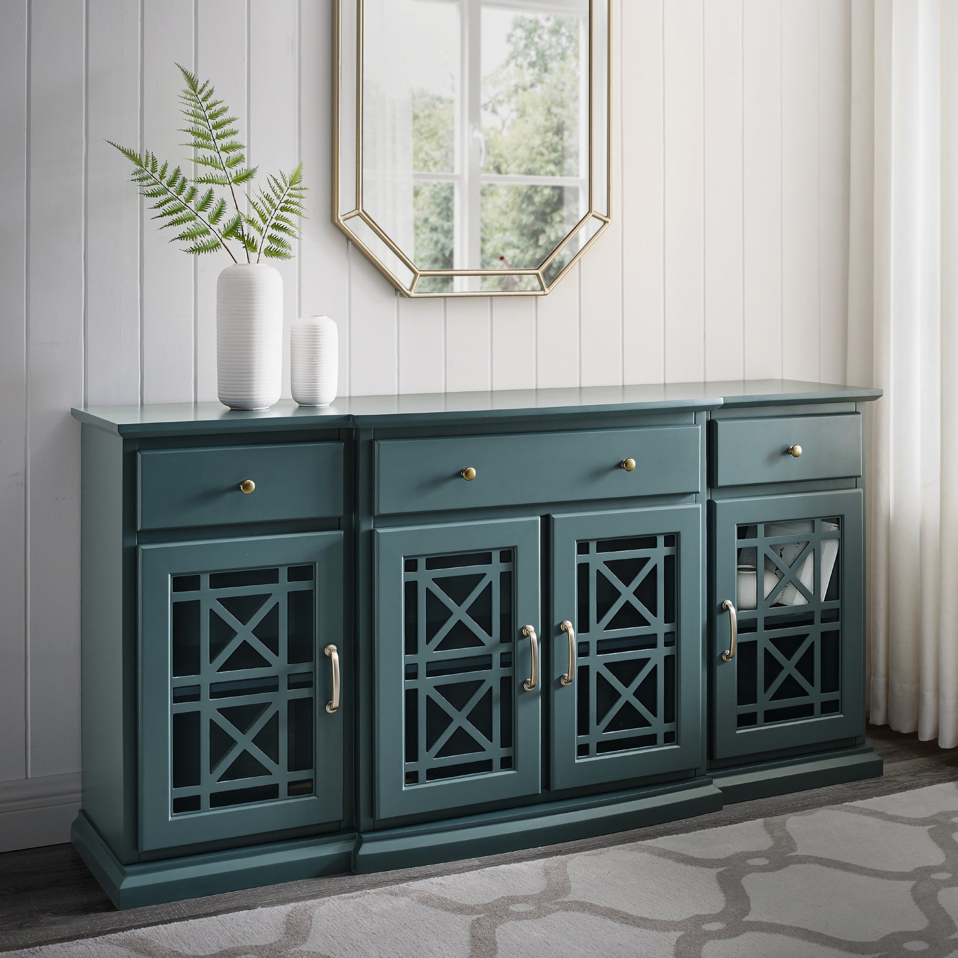 Classic Fretwork Detailed Glass Door Sideboard Dark Teal Teal Mdf