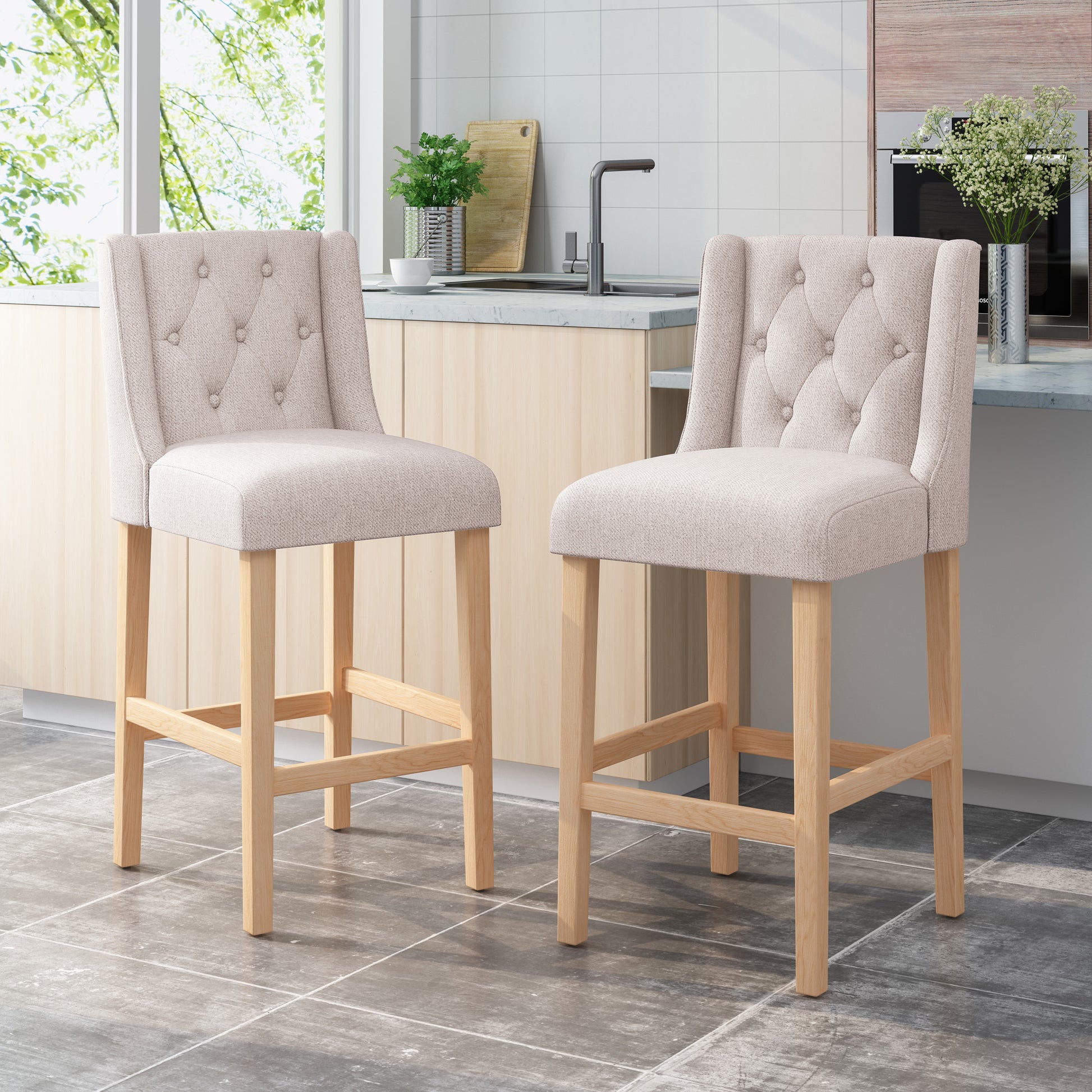 Vienna Contemporary Fabric Tufted Wingback 31 Inch Counter Stools, Set Of 2, Beige And Natural Beige Fabric