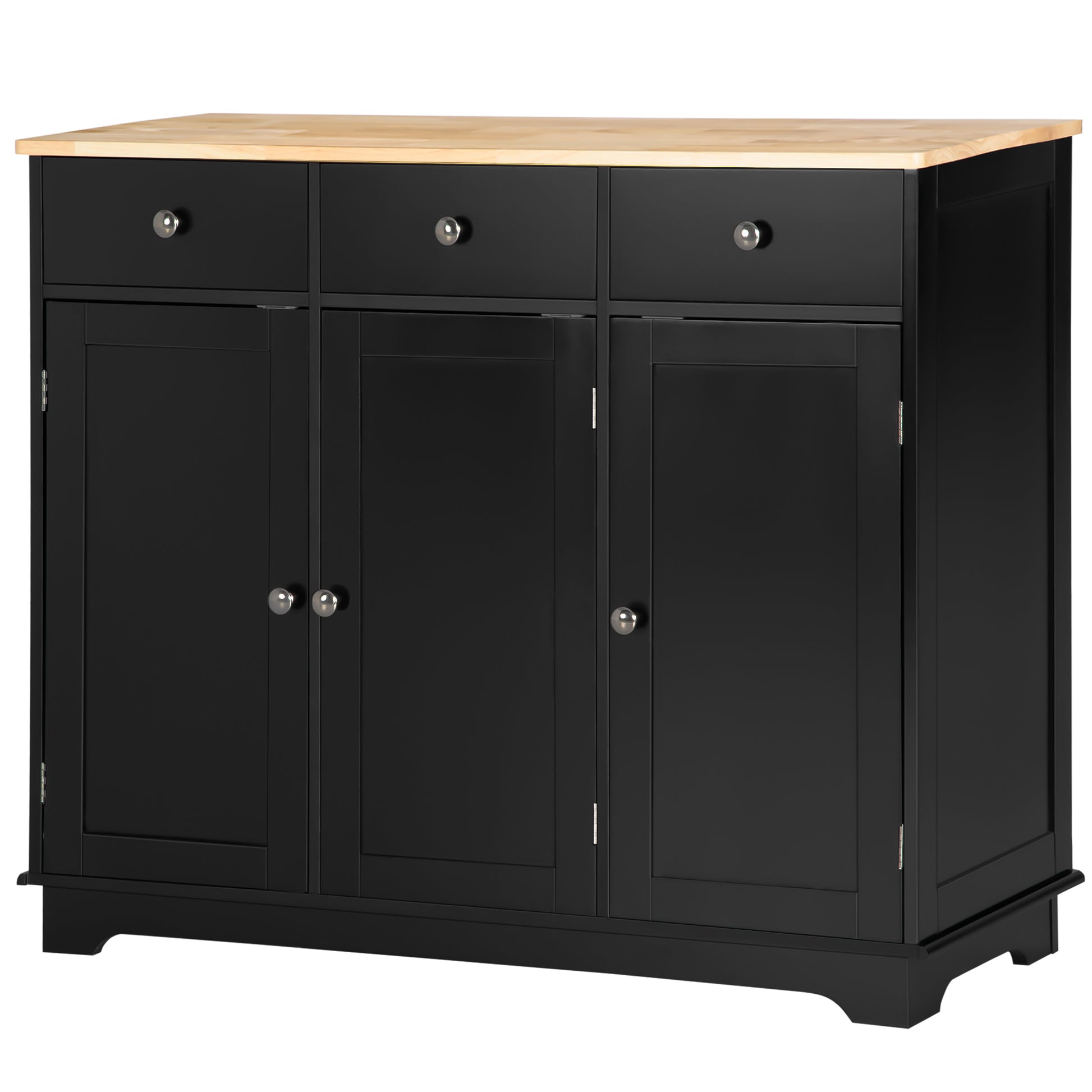 Homcom Sideboard With Solid Wood Countertop, Modern Kitchen Storage Cabinet, Coffee Bar Cabinet With 3 Drawers, Doors And Adjustable Shelf, Black Black Engineered Wood