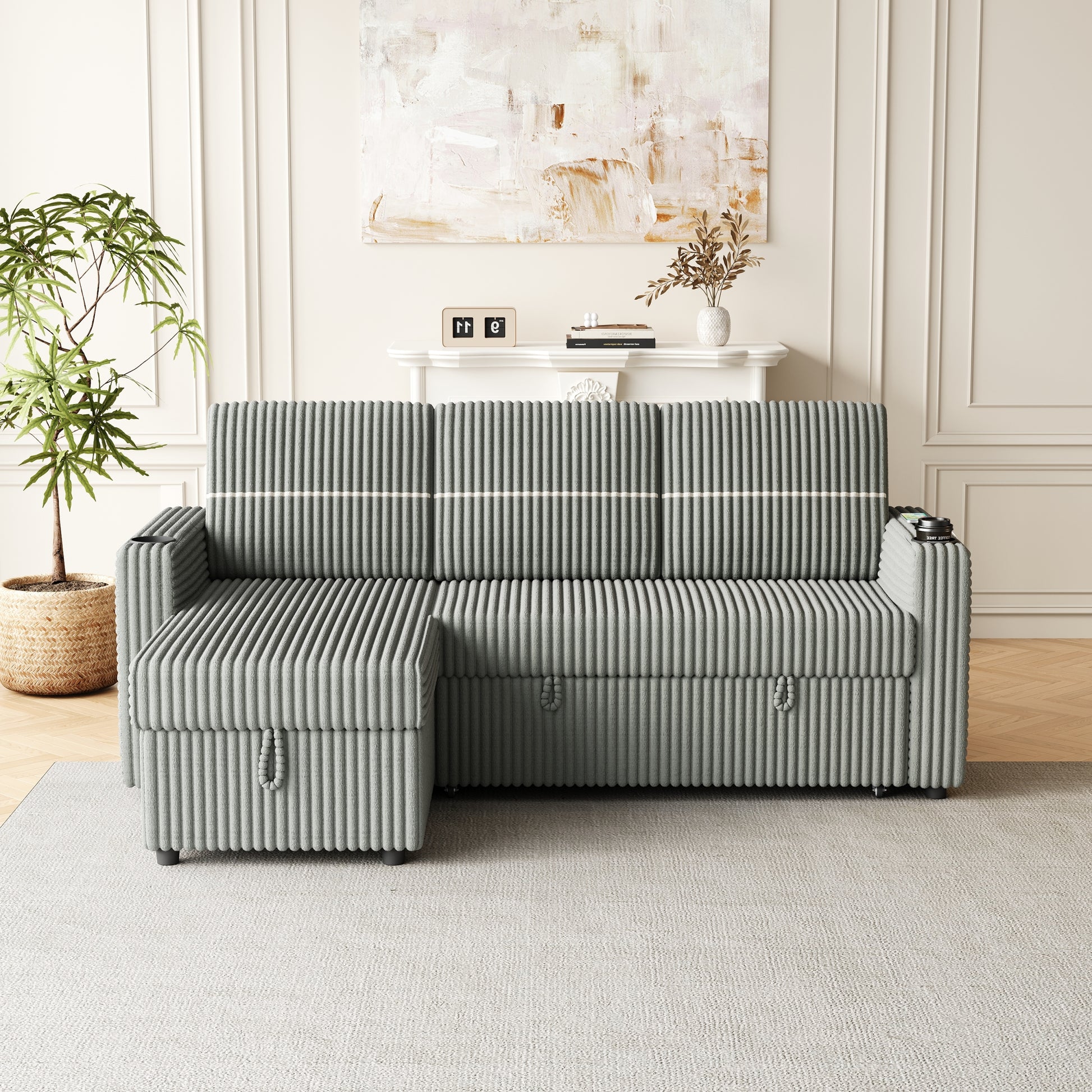 85 Inches Corduroy Sofa Bed, 3 Seater Sleeper Sofa With Storage Chaise, Square Handrail With Two Cup Holder And Usb Charge Port, Pull Out Couch For Living Room Light Grey Corduroy 3 Seat