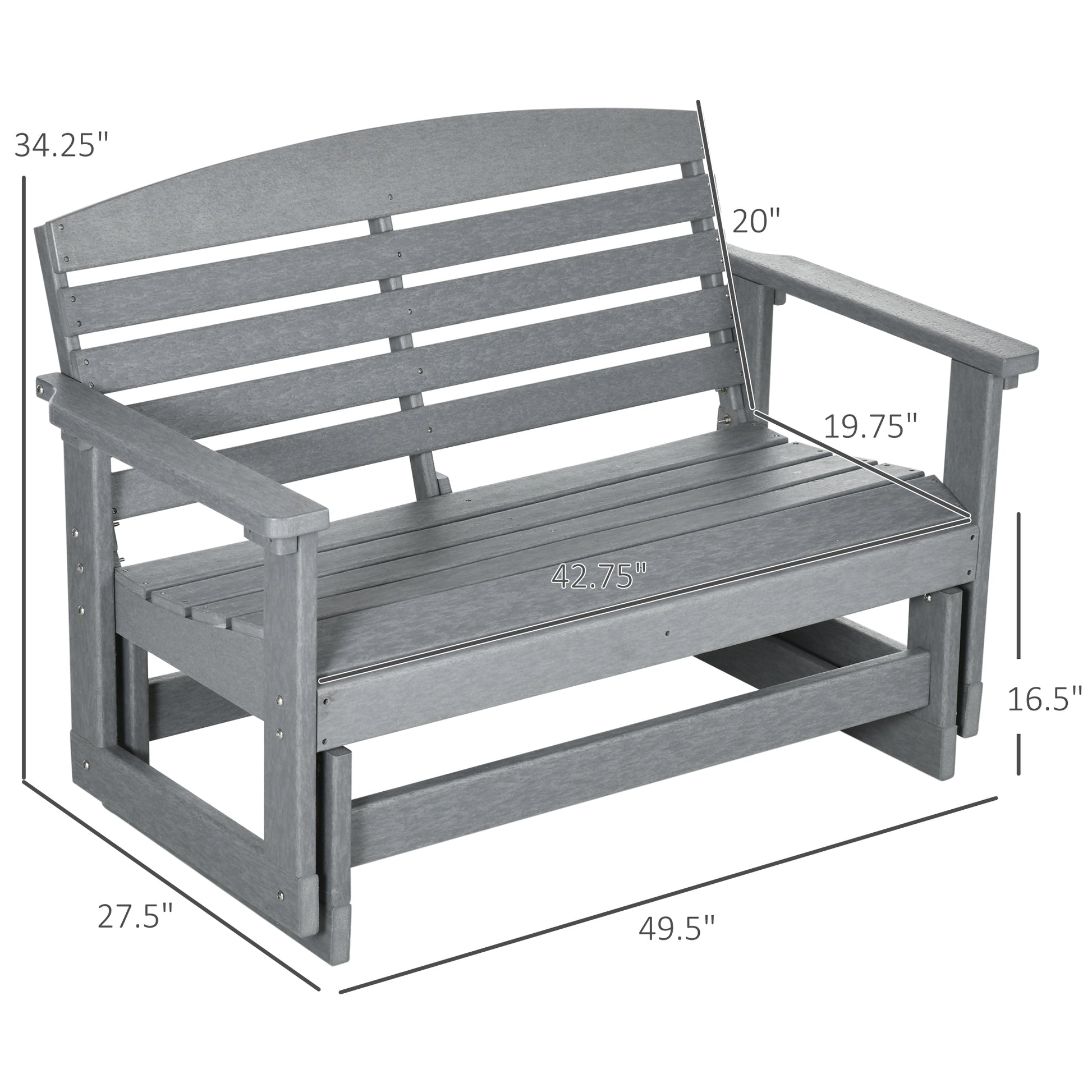 Outsunny 2 Person Outdoor Glider Bench Patio Double Swing Rocking Chair Loveseat W Slatted Hdpe Frame For Backyard Garden Porch, Light Gray Gray Hdpe