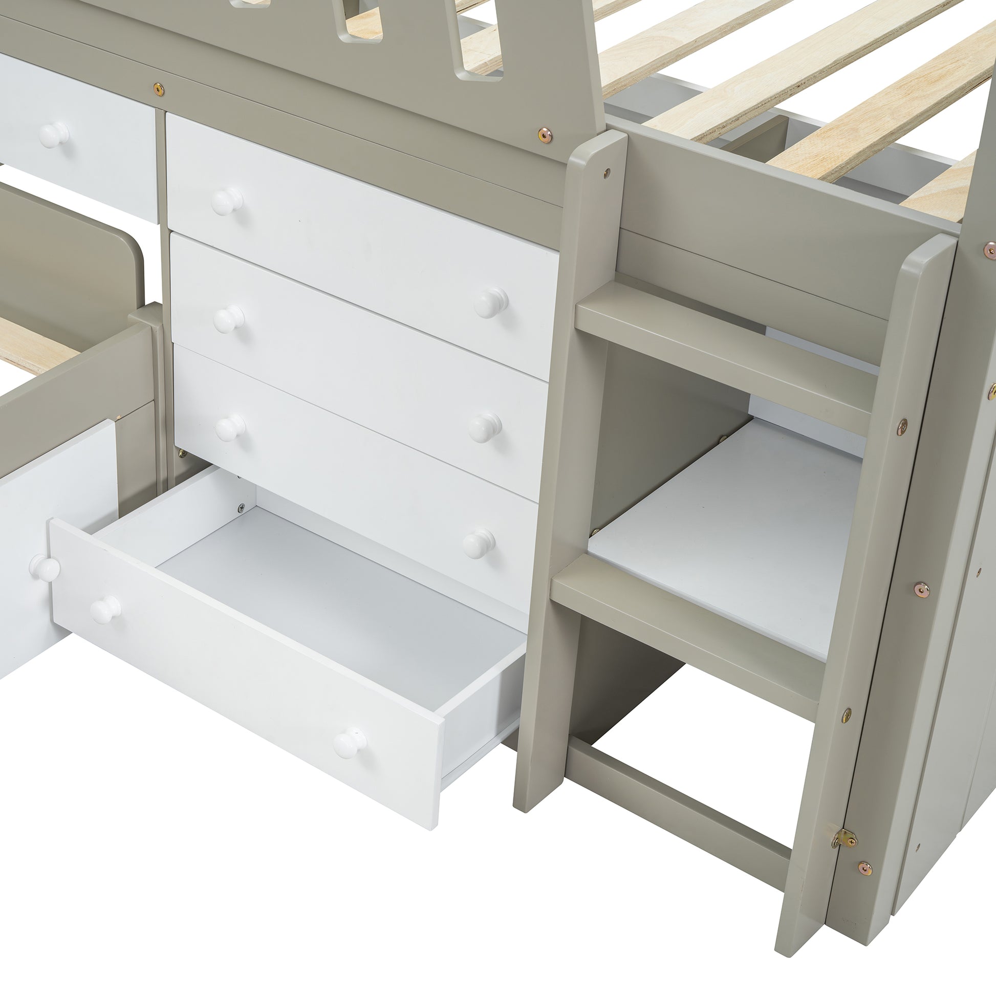 L Shaped Space Saving Twin Loft And Twin Platform Bed With 7 Drawers And Full Guardrails White Light Brown Twin Brown White Solid Wood