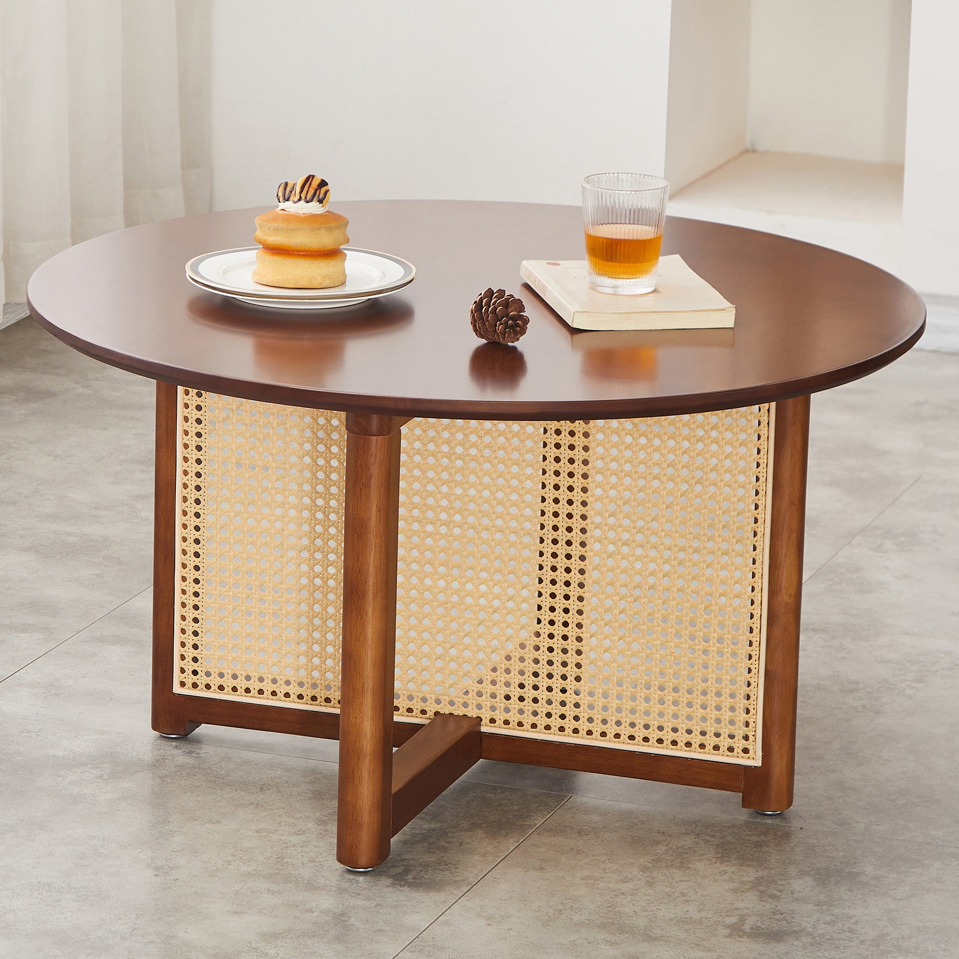 Mid Century Wooden Coffee Table With Pe Cane Stand, 31.5 Inch Round Solid Wood Bohemian Style Coffee Table, Unique Central Cocktail Table For Living Rooms, Apartments And Offices Walnut Rubber Wood
