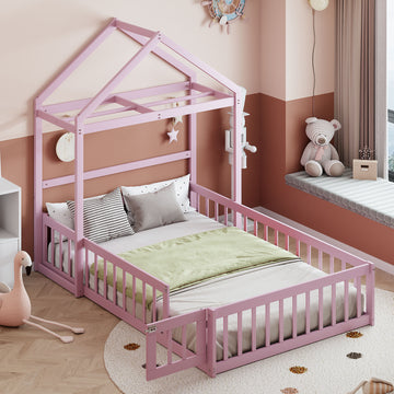 Wooden Floor Bed With Fence Railings And Detachable House Shape Headboard,Full Size Bed With Kids Dress Up Rack, Kids Montessori Style Playhouse Frame For Girls Boys, Pink Full Pink Wood