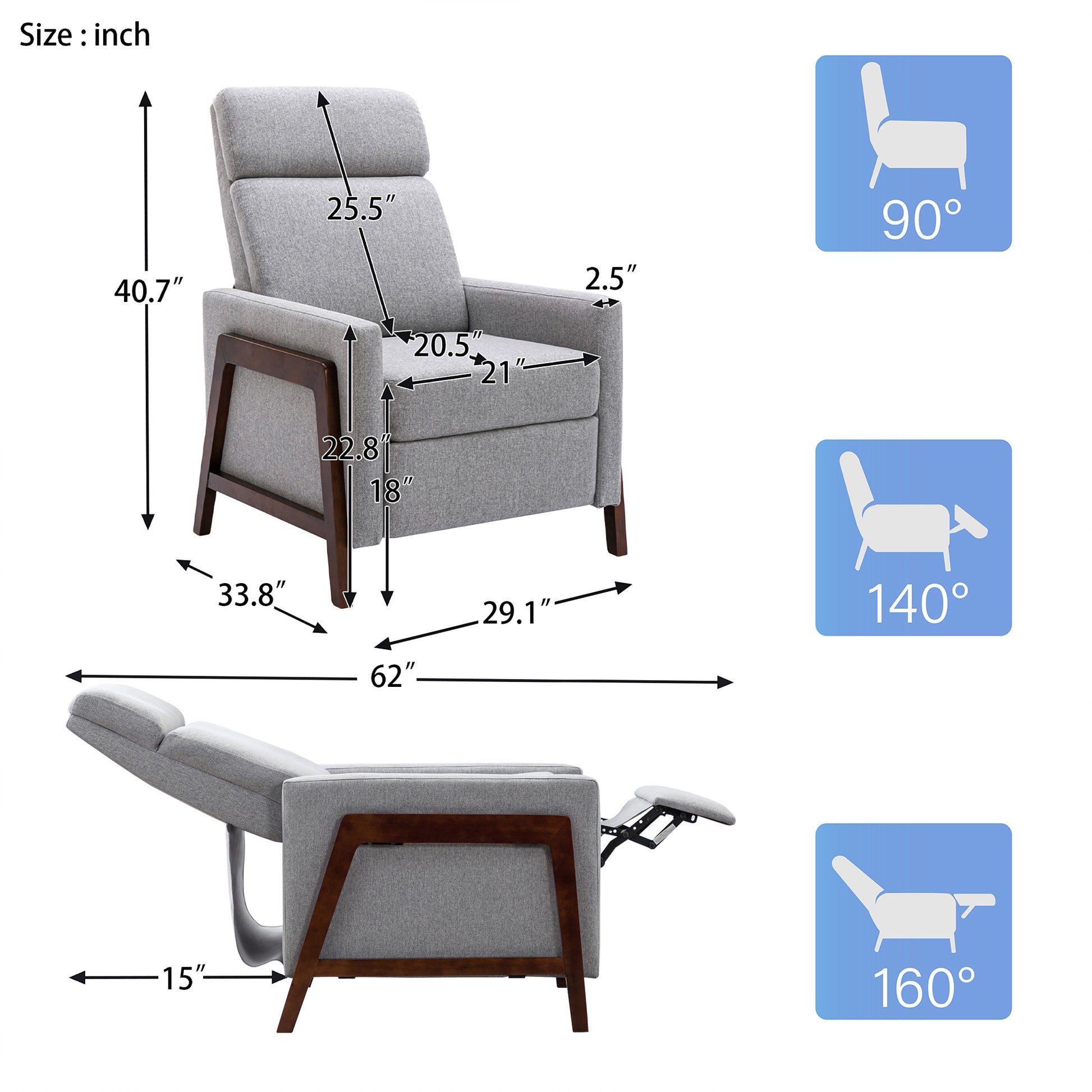 Wood Framed Upholstered Recliner Chair Adjustable Home Theater Seating With Thick Seat Cushion And Backrest Modern Living Room Recliners, Gray Old Sku:Pp289527Aae Gray Linen
