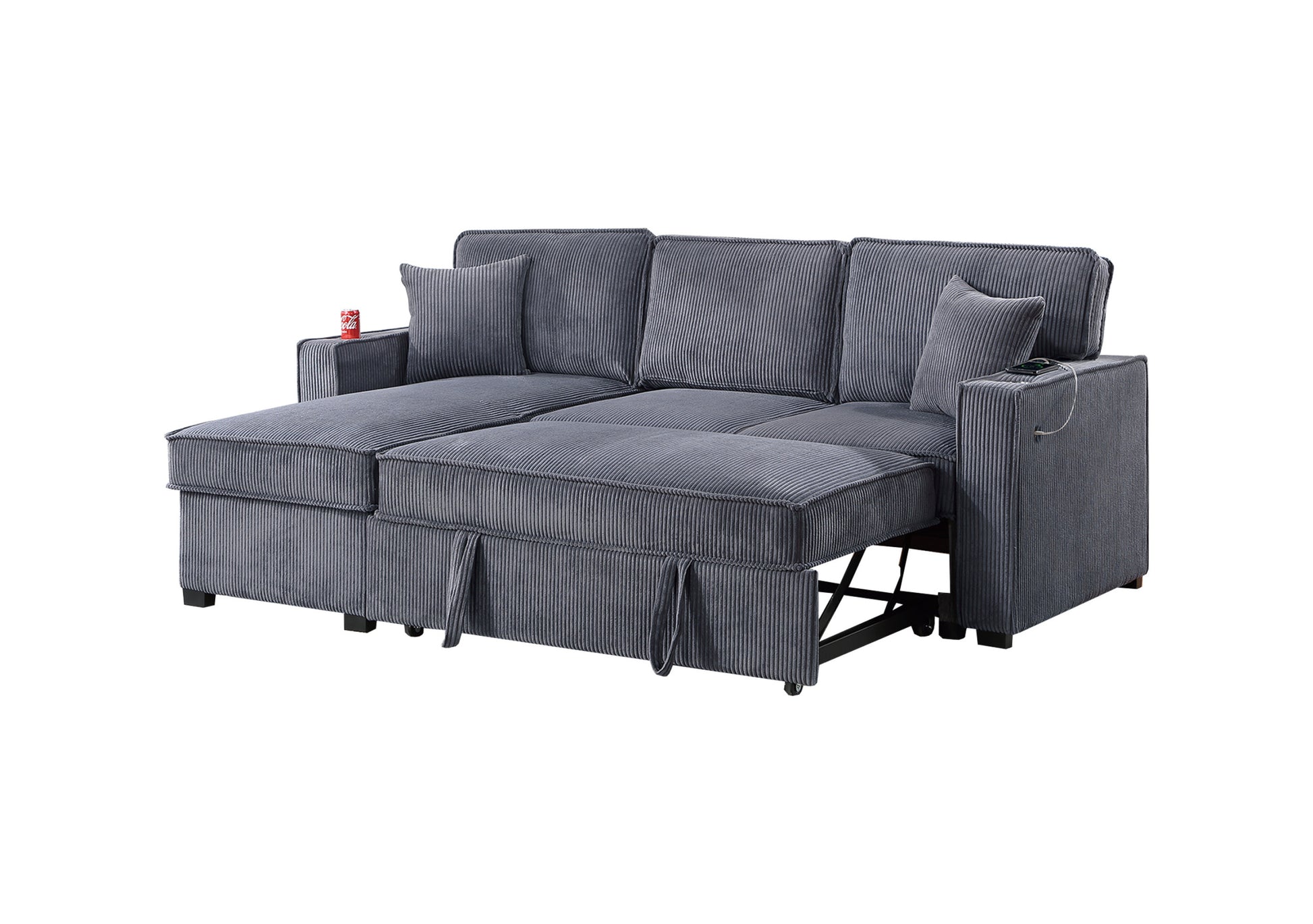 Convertible Sectional Dark Gray Color Corduroy Reversible Chaise W Storage And Sofa Pull Out Bed Pillows Living Room 2Pc Set Dark Gray Primary Living Space Cushion Back Contemporary,Modern L Shaped Rubberwood Rolled Arms Corduroy 4 Seat