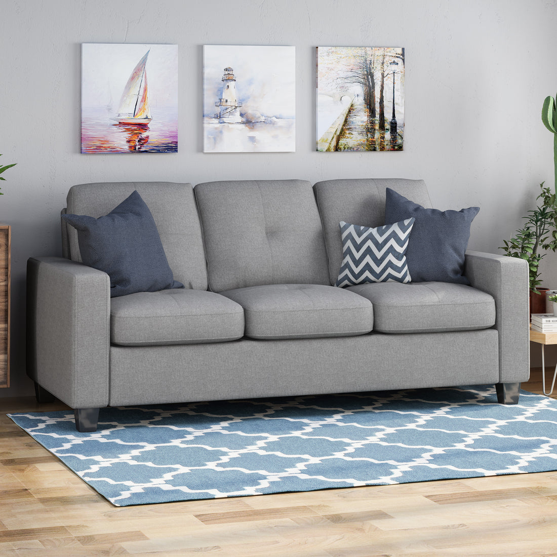 Viviana Three Seater Sofa With Wood Legs Grey Fabric