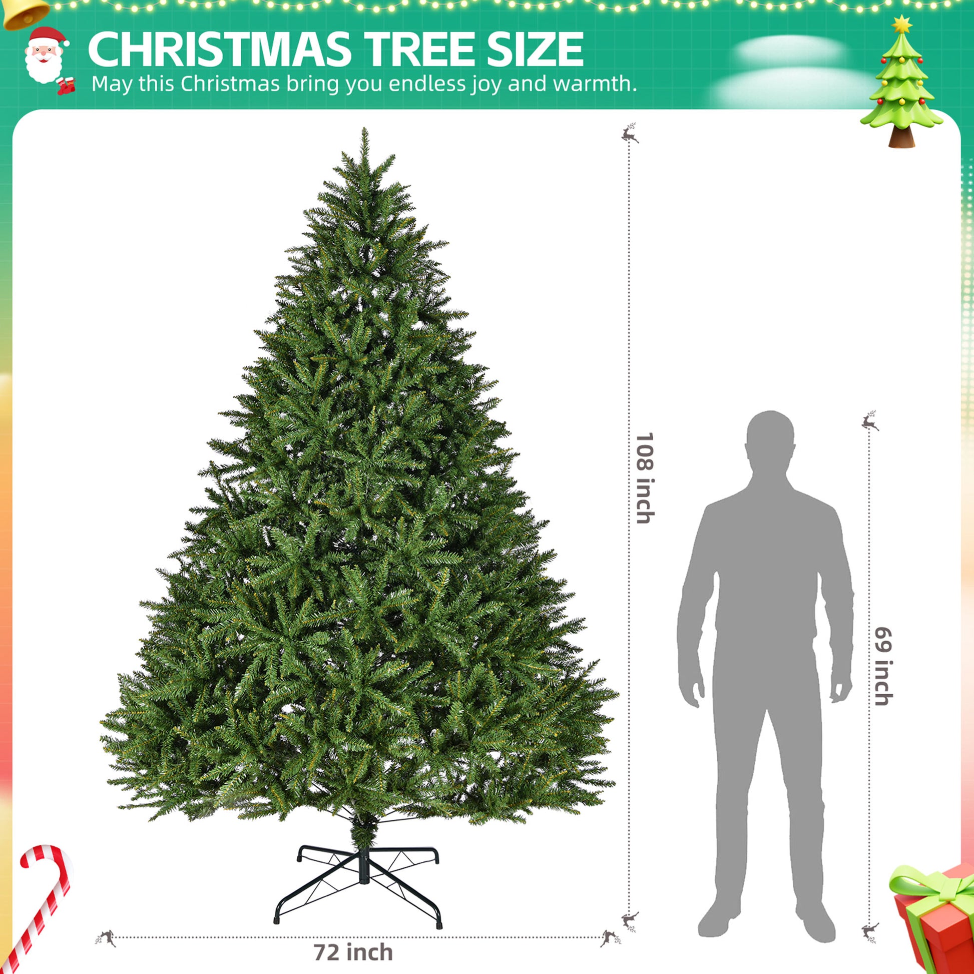 9Ft Artificial Christmas Tree, Premium Unlit Hinged Full Tree With 3655 Branch Tips, Metal Stand, Hinged Structure, Easy Assembly Festival Celebration Xmas Tree For Home, Office, Party Green Pvc