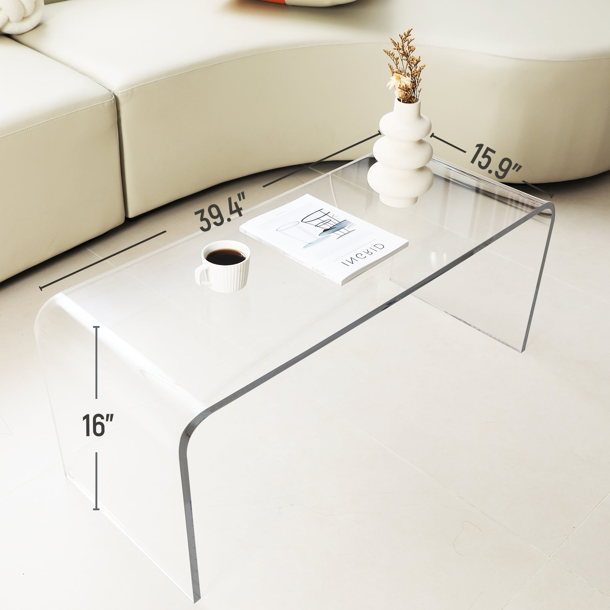 Homcom 39.25" Long Rectangle All Acrylic 15Mm Thick Waterfall Coffee Table, Clear Clear Acrylic