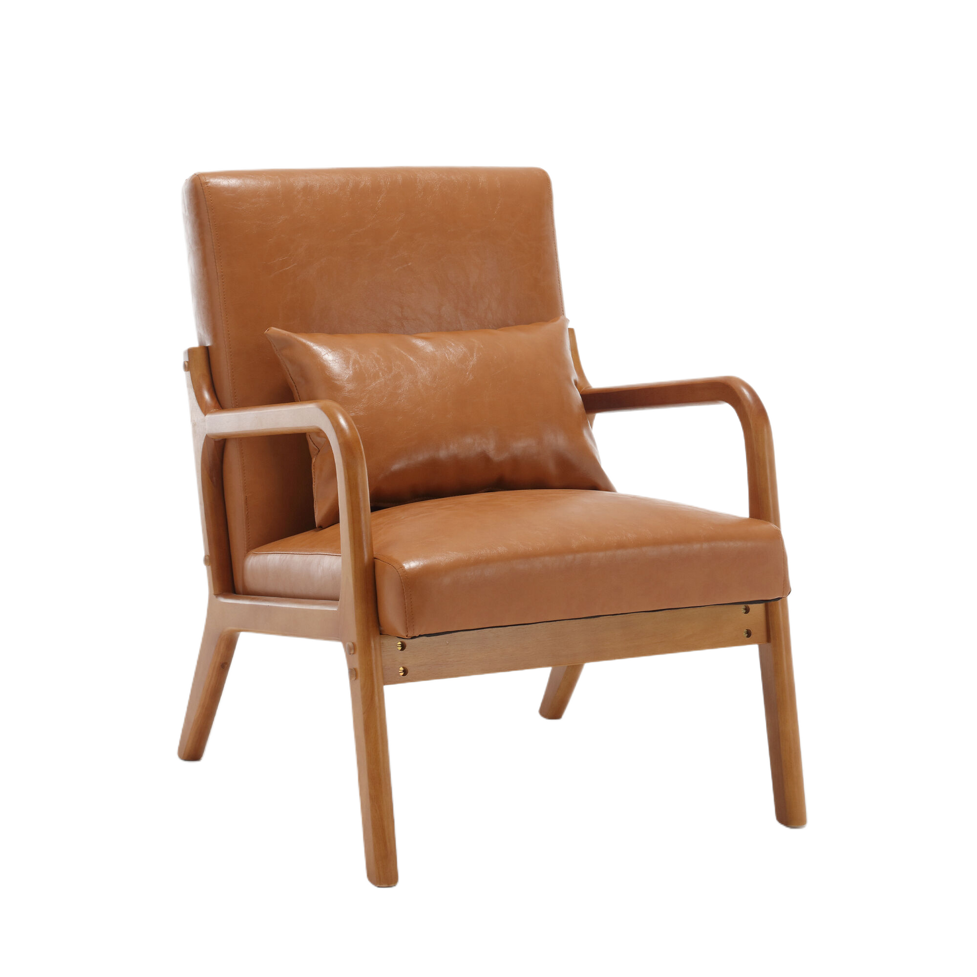 Coolmore Modern Accent Chair, Solid Wood Padding Lounge Armchairs With One Pillow For Living Room, Bedroom, Guest Room Light Brown Pu Light Brown Brown Primary Living Space Modern Rubberwood Foam Pu Leather