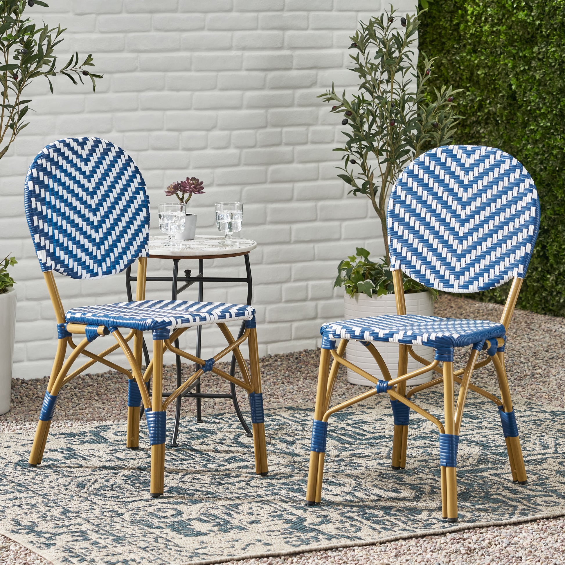 Outdoor Pe Ratten And Aluminum French Armless Bistro Chairs, Set Of 2, Navy Blue, Bamboo Print Finish No Navy Blue,White Rust Resistant Frame Garden & Outdoor French 2 Person Seating Group