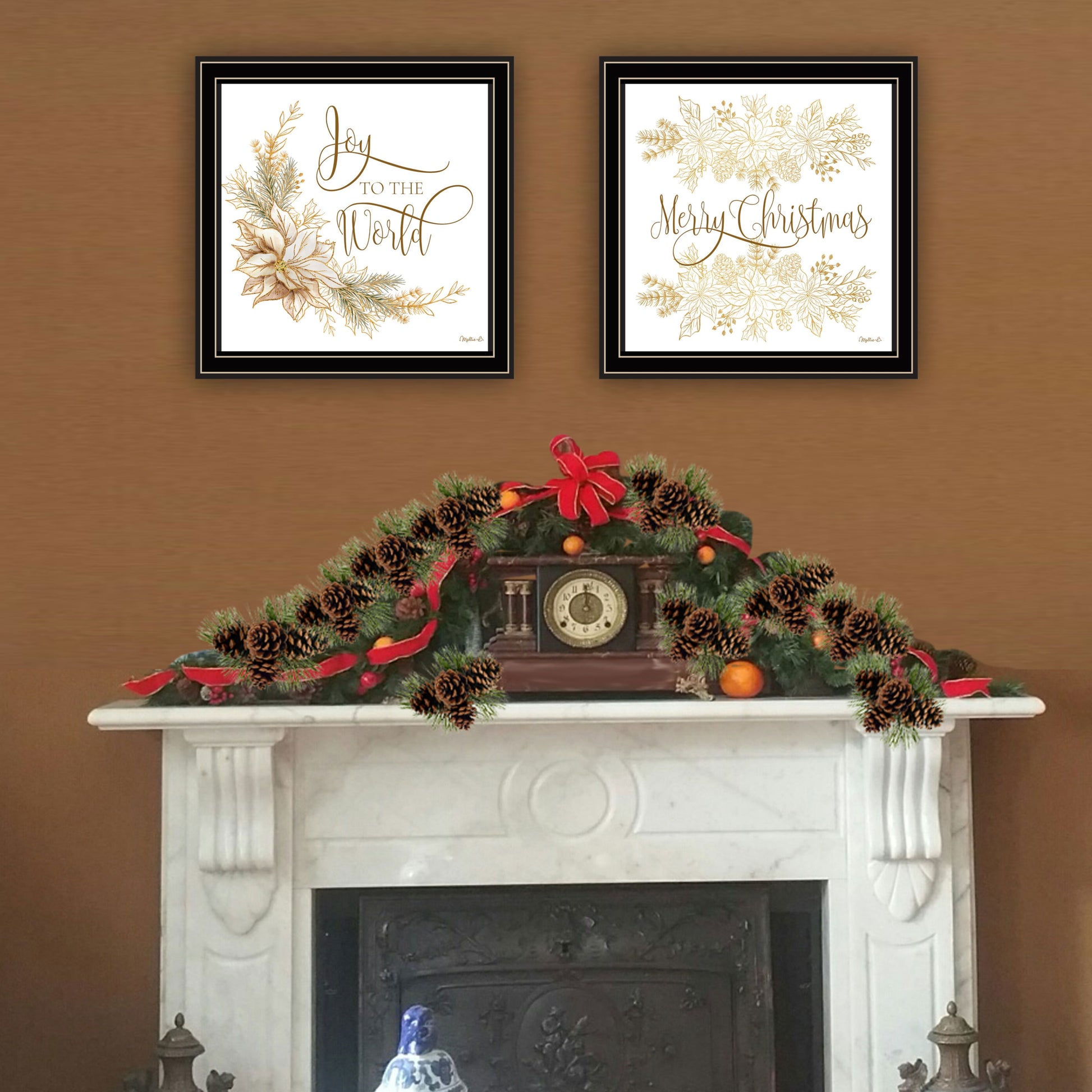 2 Piece Vignette Golden Merry Christmas Black Framed Wall Art For Living Room, Bedroom Wall Art Print For Home Decor By Mollie B Multicolor Wood Paper