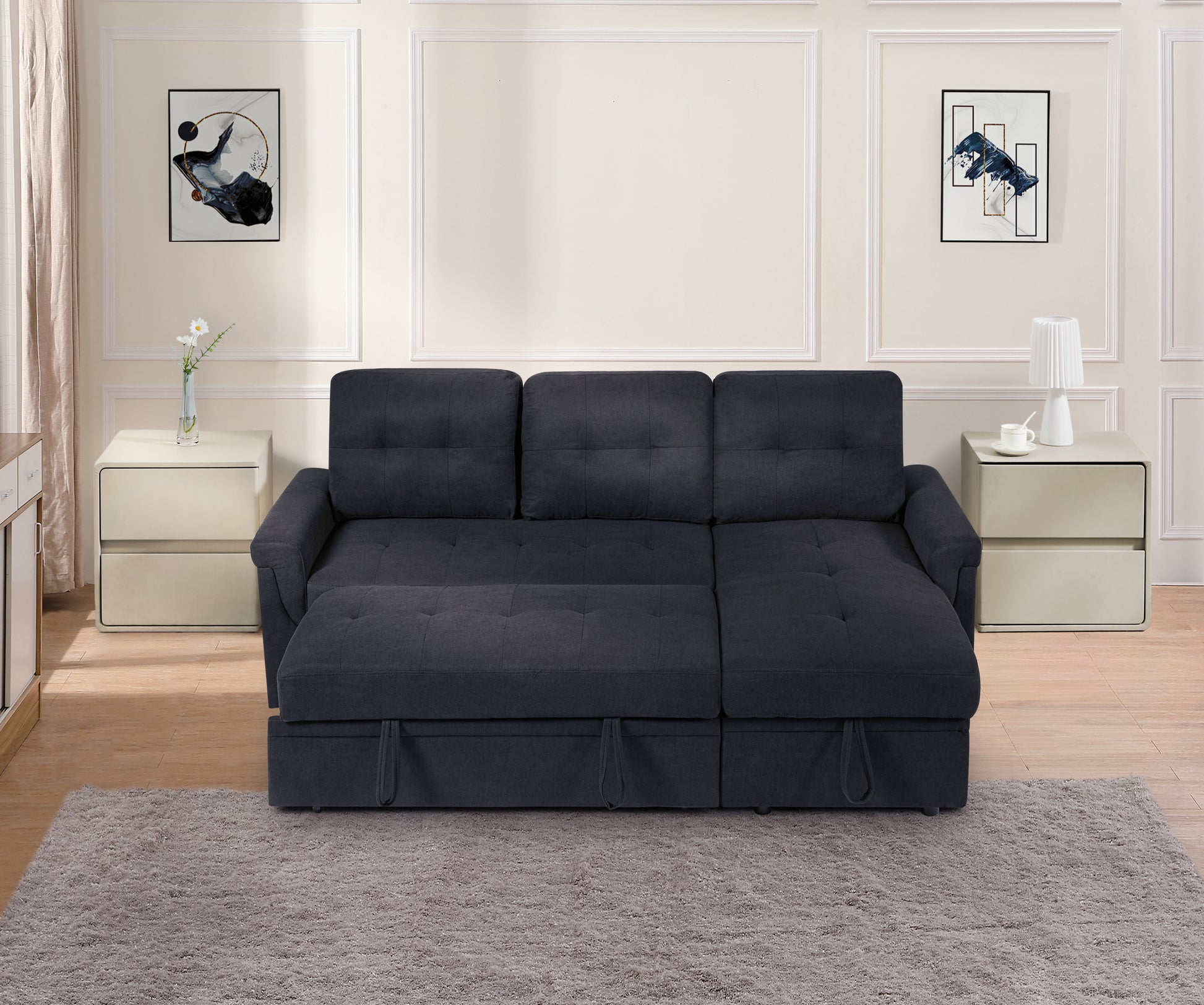 Variable Sofa Bed With Storage And Usb Charging Port Black Wood Medium Soft Foam Cotton Linen 3 Seat