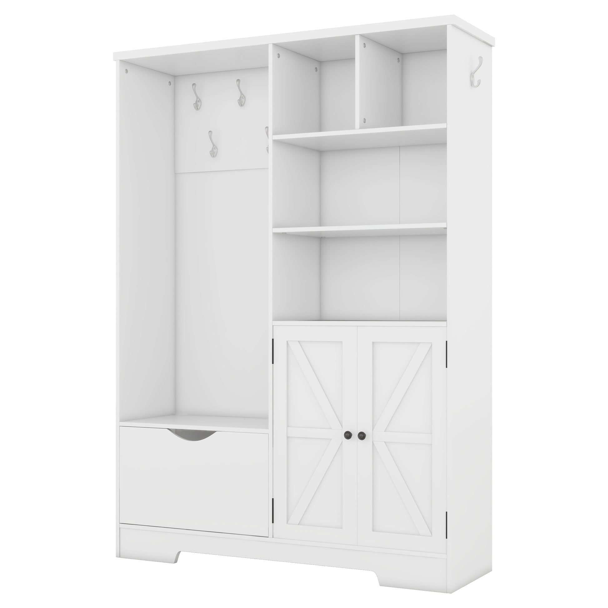 Multi Functional Hall Tree With Storage Shelves Drawers And Cabinet, Elegant Hallway Shoe Cabinet With Bench, Modern Coat Rack With Hooks For Hallway Entryways, White Soft White Particle Board Mdf