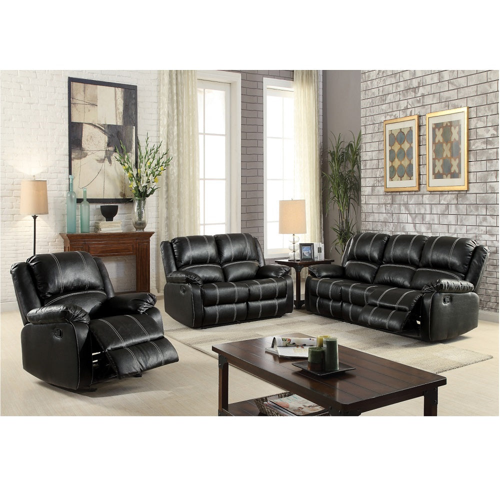 Zuriel Motion Sofa, Black Synthetic Leather Lv52285 Black Upholstered 3 Seat