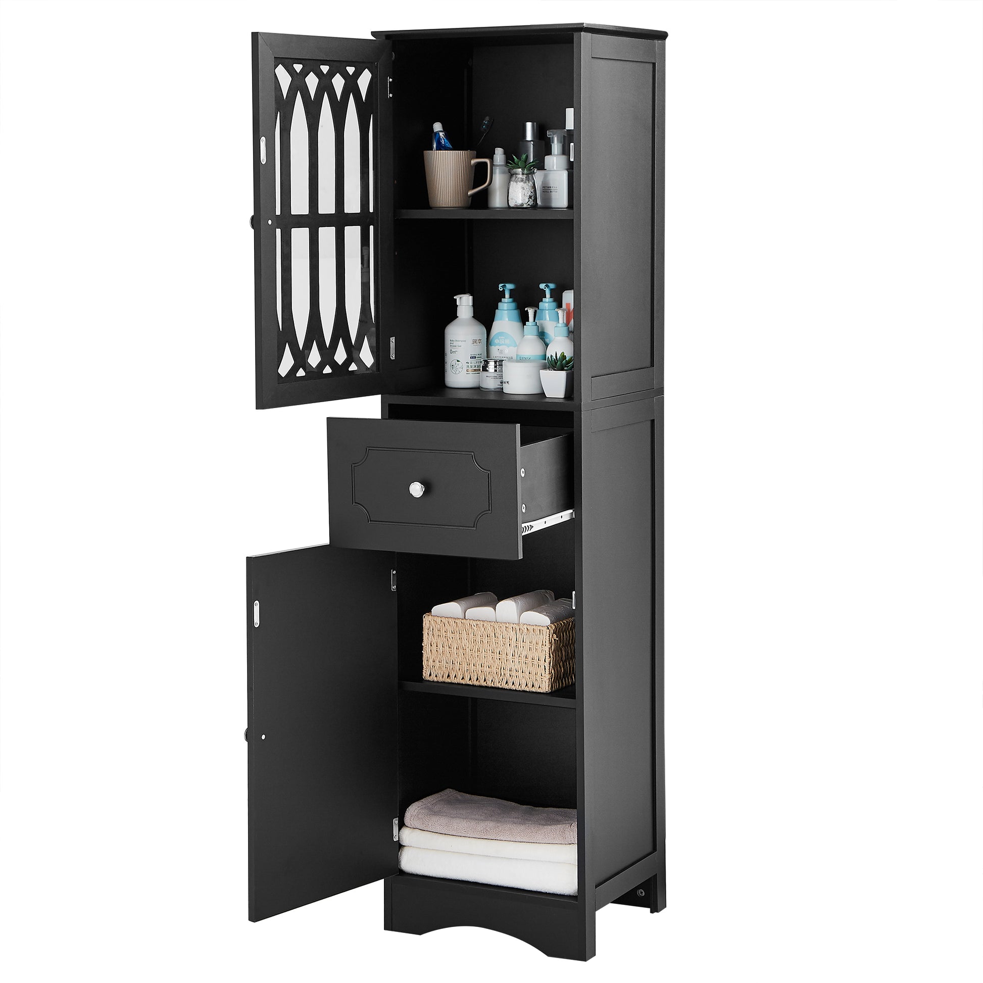 Tall Bathroom Cabinet, Freestanding Storage Cabinet With Drawer And Doors, Mdf Board, Acrylic Door, Adjustable Shelf, Black Black Mdf