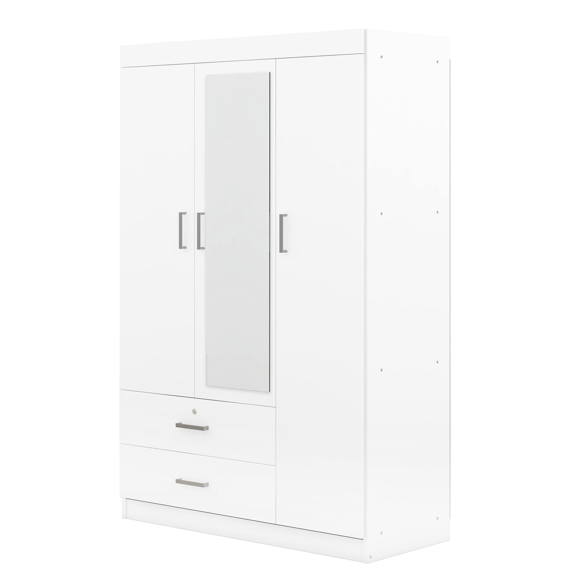 3 Door Mirror Wardrobe With Shelves, White White Plywood