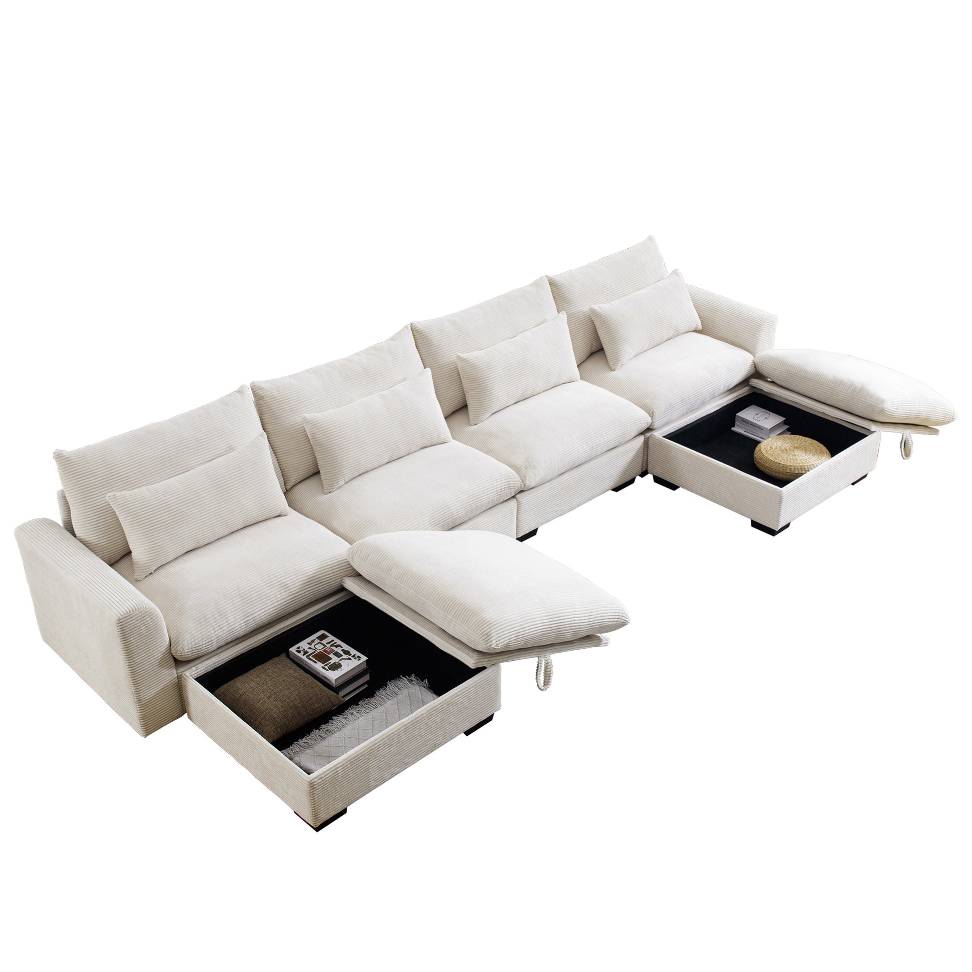 Big Deep Seat U Shaped Corduroy Sectional Couches For Living Room, 4 Seater Sofa Couch With 2 Storage Footstool And 4 Waist Pillows Corduroy, Beige Beige Corduroy 4 Seat