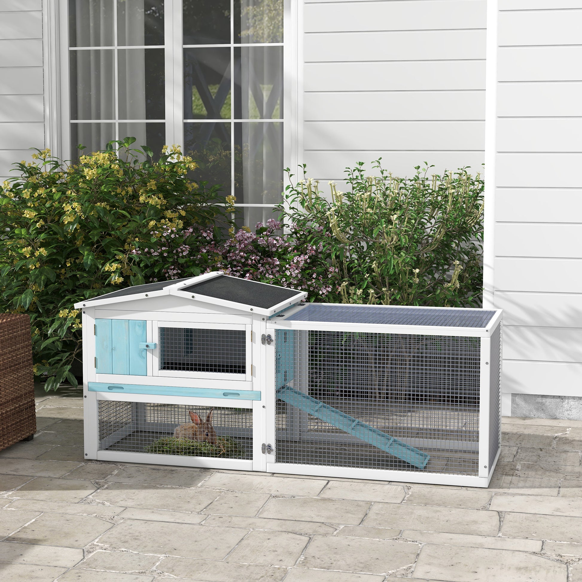 Pawhut Rabbit Hutch 2 Story Bunny Cage Small Animal House With Slide Out Tray, Detachable Run, For Indoor Outdoor, 61.5" X 23" X 27", Light Blue Blue Wood