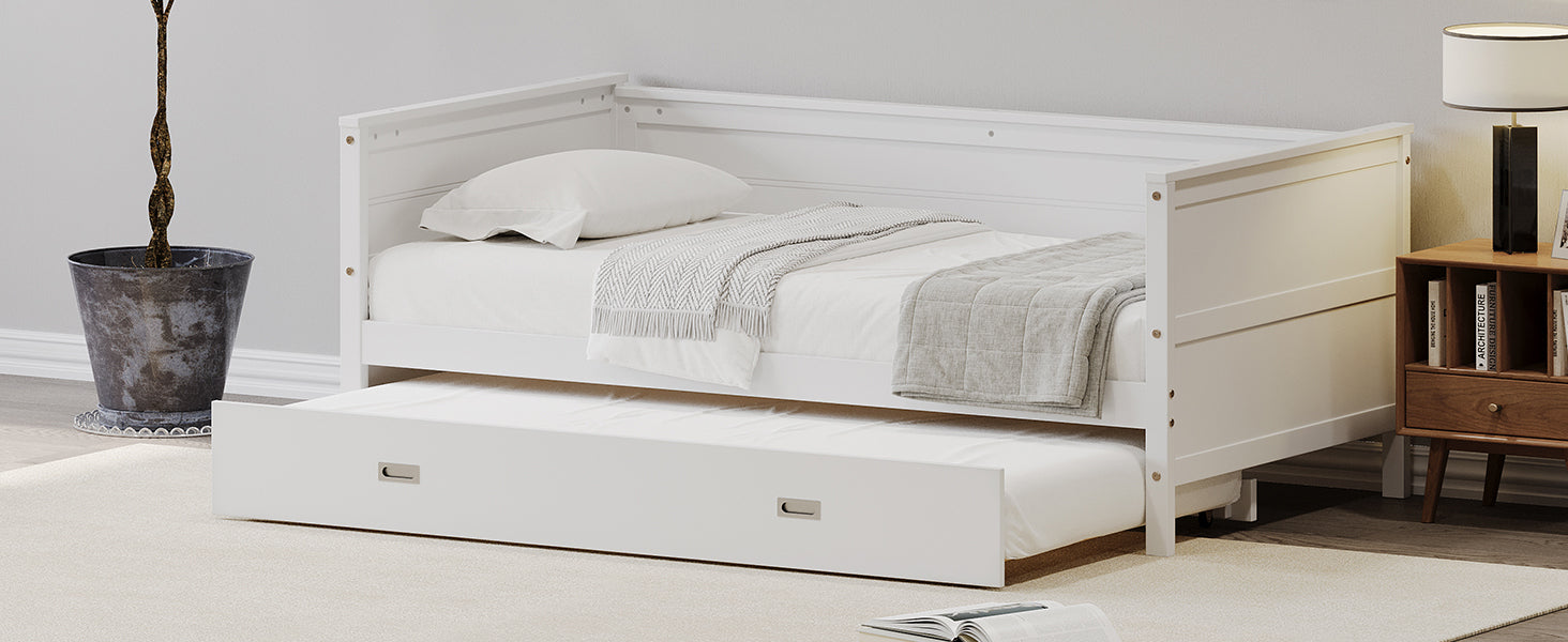 Twin Size Solid Wood Daybed With Trundle For Kids Teens Dorm Bedroom Multipurpose Guest Room Or Home, White Box Spring Not Required Twin White Wood Bedroom Pine Wood